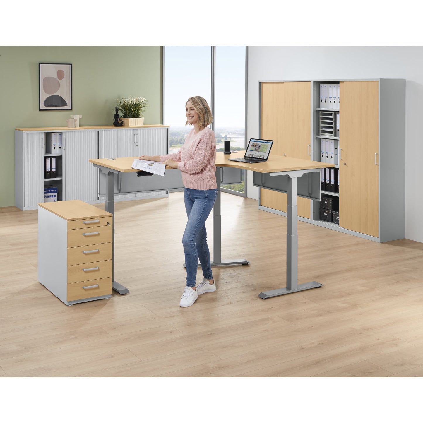 Schreibtisch FLEX MODUL Maße: 1.800/800 x 605-1.255 x 1.400/800 mm (B x H x T) Holz buche