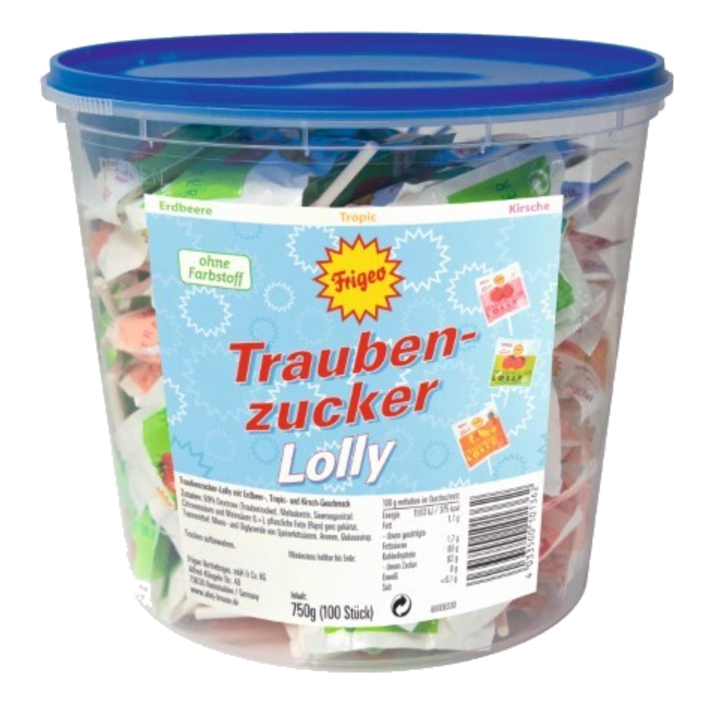 Frigeo Traubenzucker Lolly Erdbeere, Tropic, Himbeere 100 x 7,5 g/Pack.
