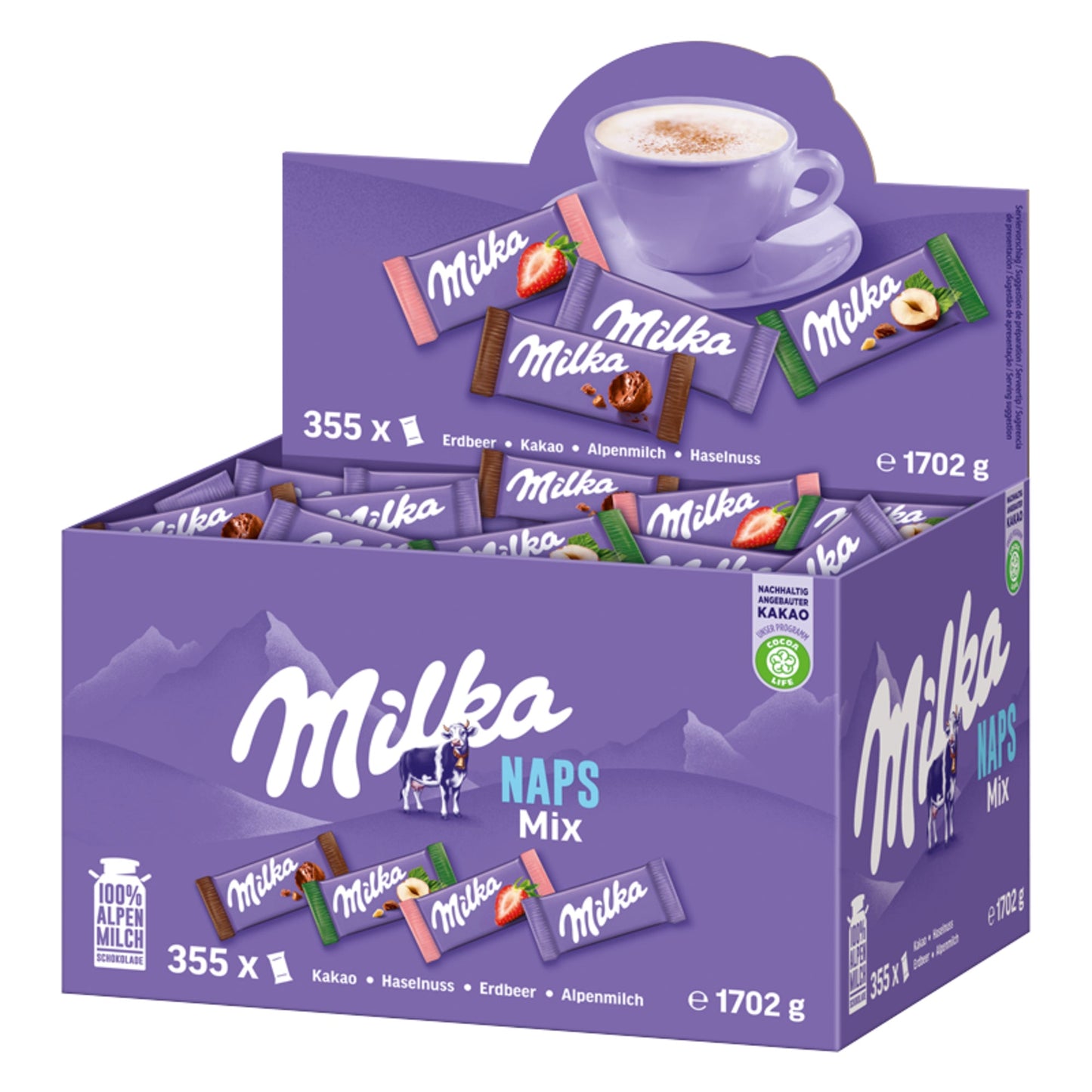 Milka Schokolade NAPS MIX LOSE Alpenmilch, Haselnuss, Crème au Cacao, Erdbeere 1.702 g/Pack.