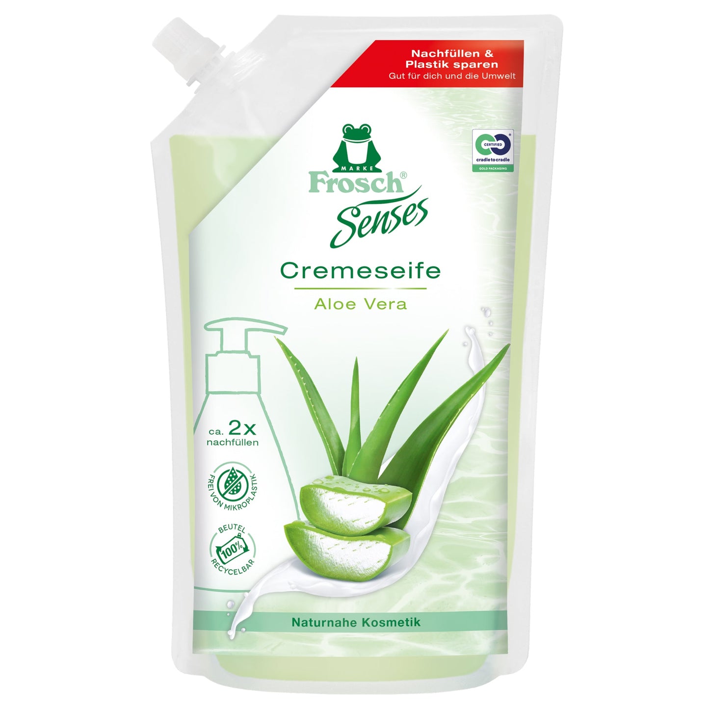 Frosch Flüssigseife Aloe Vera Ausführung des Behälters: Nachfüllbeutel Material des Behälters: LDPE, 100 % recyclebar 0,5l