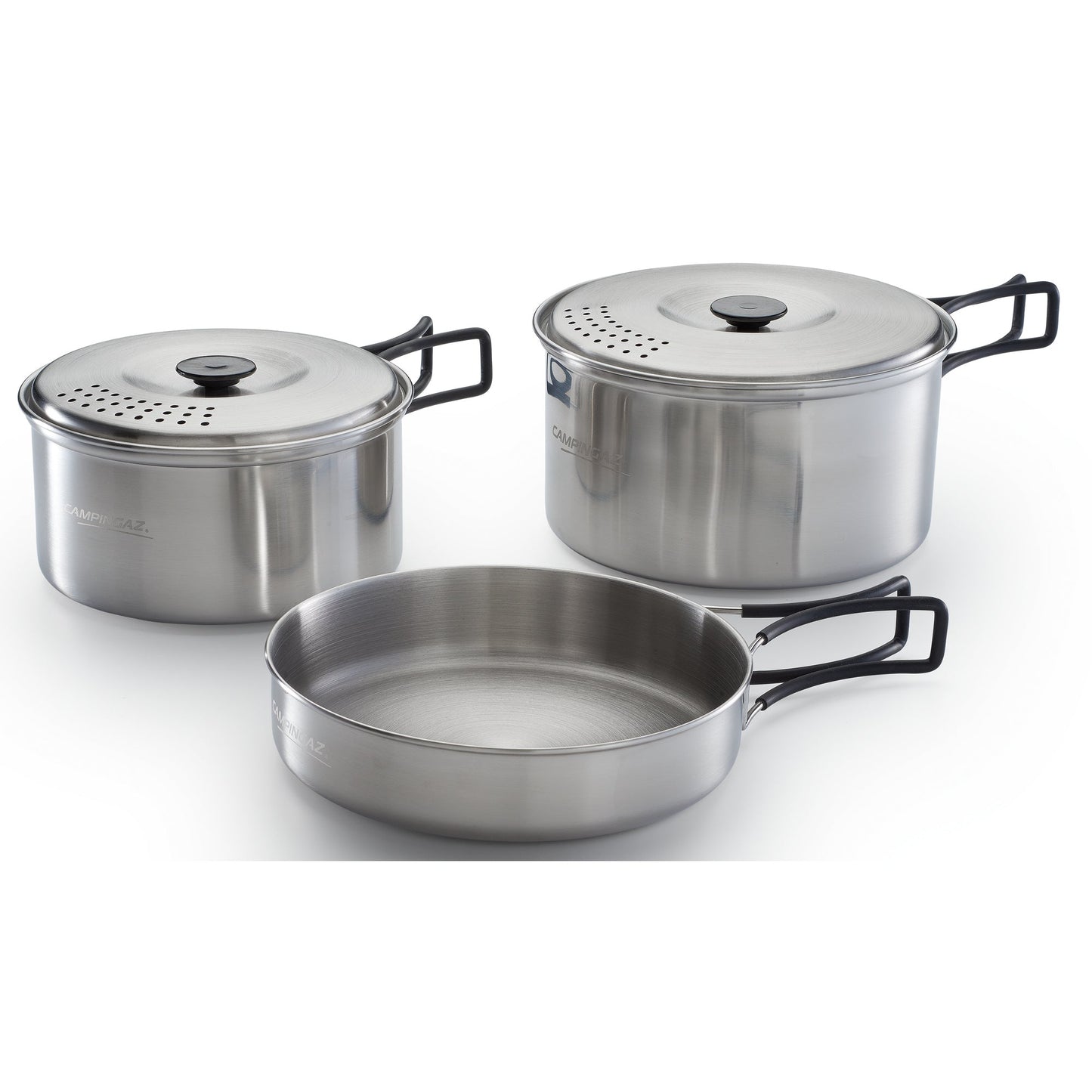 CAMPINGAZ Topfset Topf mit Deckel 18 x 9 cm (Ø x H), Topf mit Deckel 16 x 8 cm (Ø x H), Pfanne 17,5 x 4 cm (Ø x H) Edelstahl silber