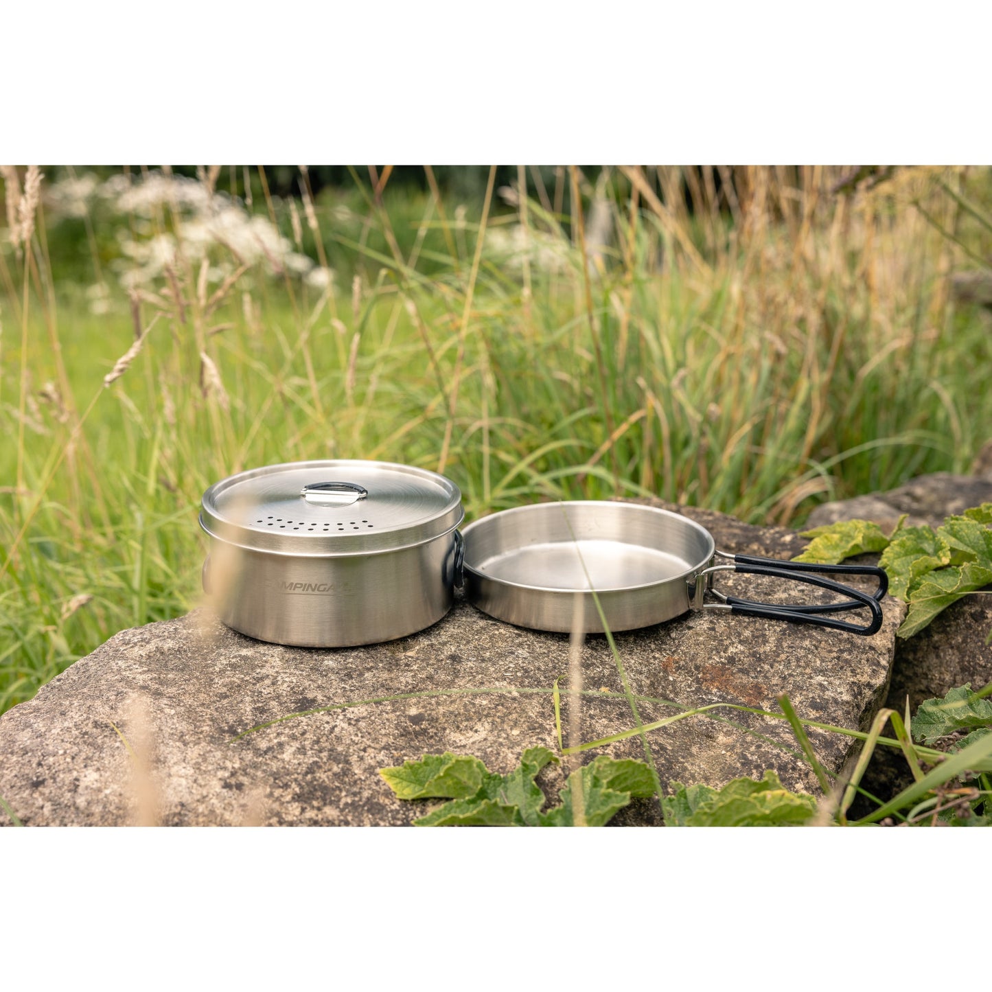 CAMPINGAZ Topfset Trekking Topf 14,5 x 6,5 cm (Ø x H), Deckel, Pfanne 15,5 x 3 cm (Ø x H) Edelstahl silber