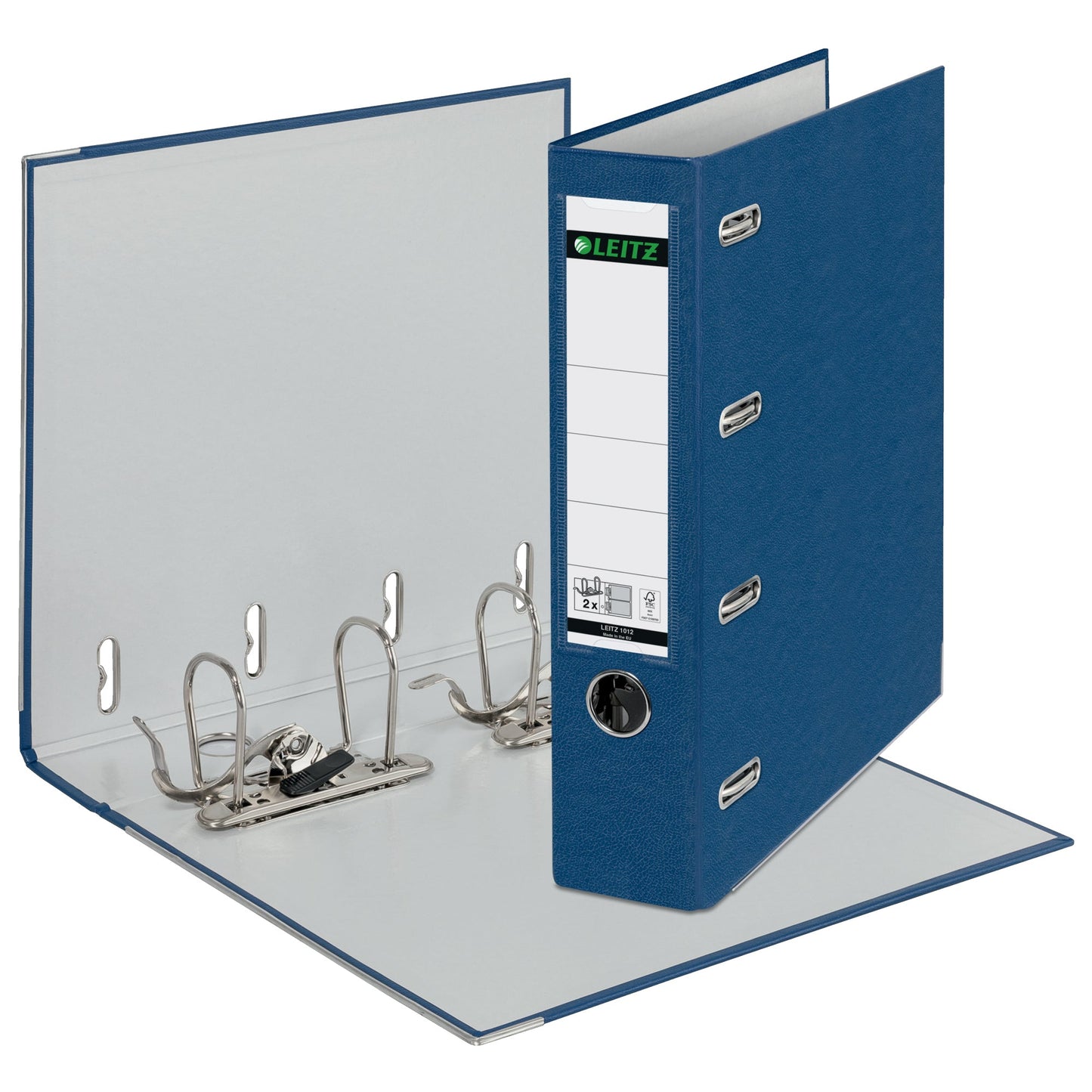 Leitz Doppelordner 75mm 2 x DIN A5 quer Rückenschild: einsteckbar Hebelmechanik Graupappe, 90 % recycelt blau