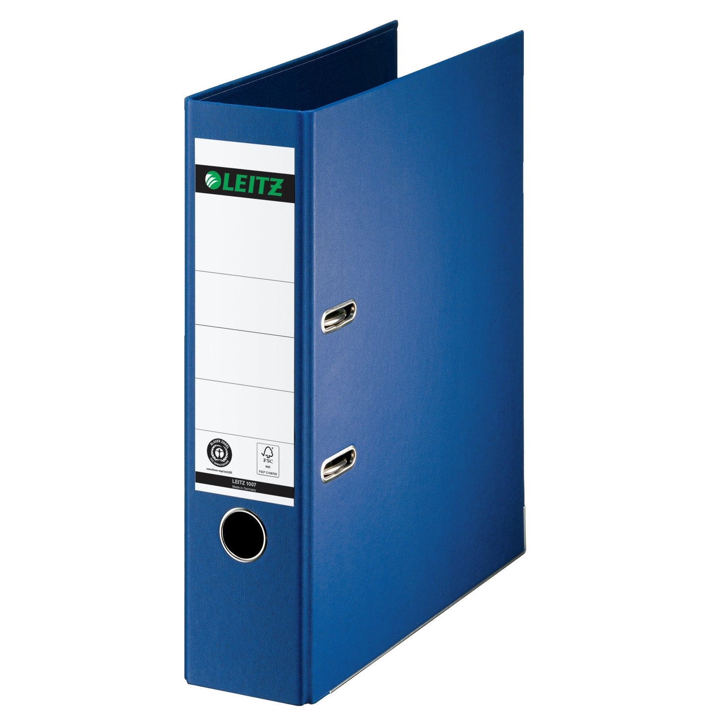 Leitz Ordner 80mm DIN A4 Rückenschild: geklebt mit Schlitzen Werkstoff: Pappe Material außen: Papier Material innen: Papier nachtblau