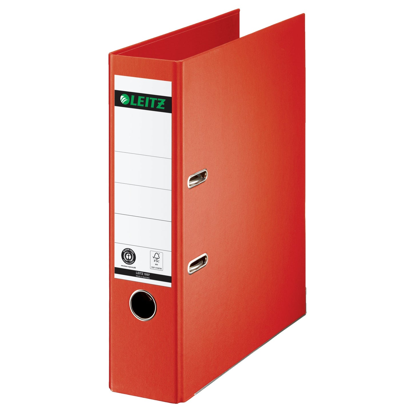 Leitz Ordner 80mm DIN A4 Rückenschild: geklebt mit Schlitzen Werkstoff: Pappe Material außen: Papier Material innen: Papier hellrot