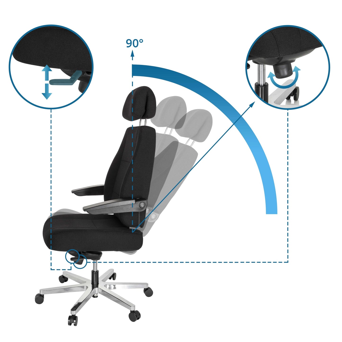 hjh OFFICE Chefsessel 24 HOURS 48-58cm Wippmechanik mit Armlehnen Rolle ungebremst (für Teppichboden) Aluminium, poliert schwarz
