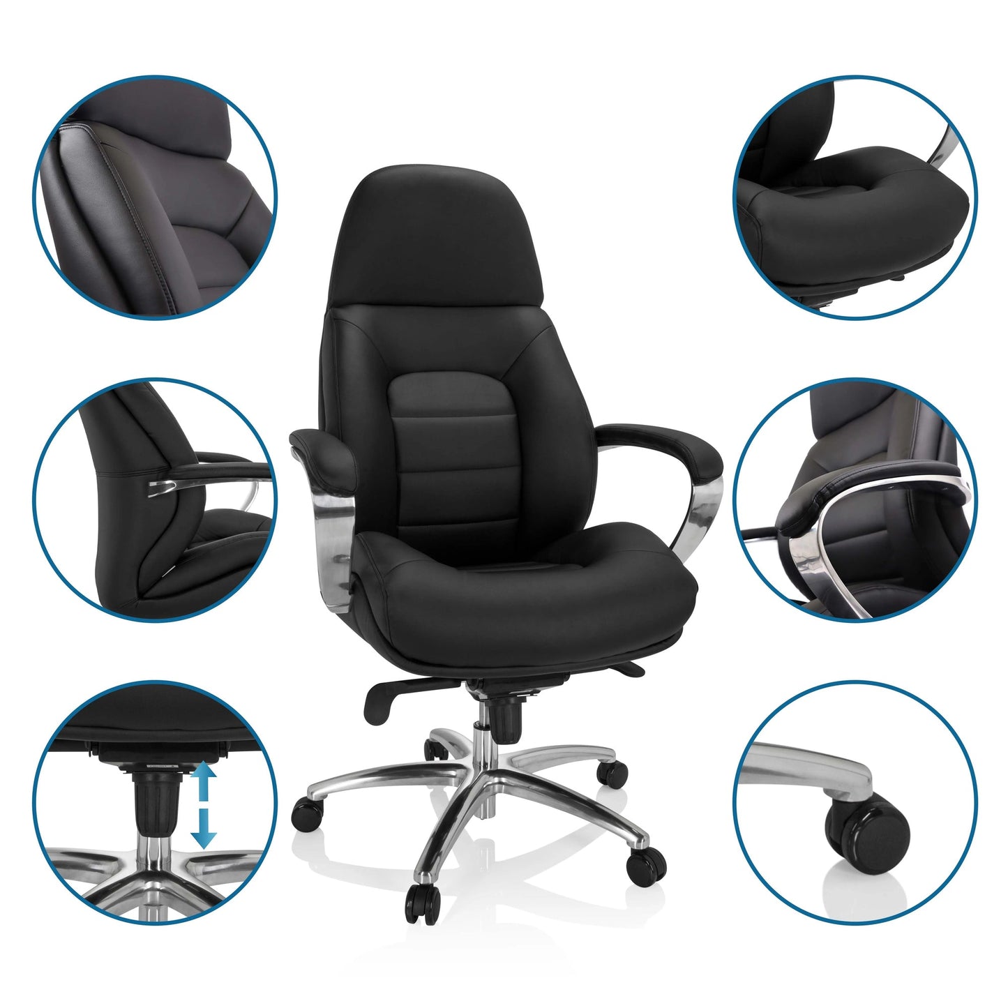 hjh OFFICE Chefsessel BRENTON XXL 51-60cm Wippmechanik mit Armlehnen Rolle universell (für Hart- und Teppichböden) Aluminium, poliert schwarz
