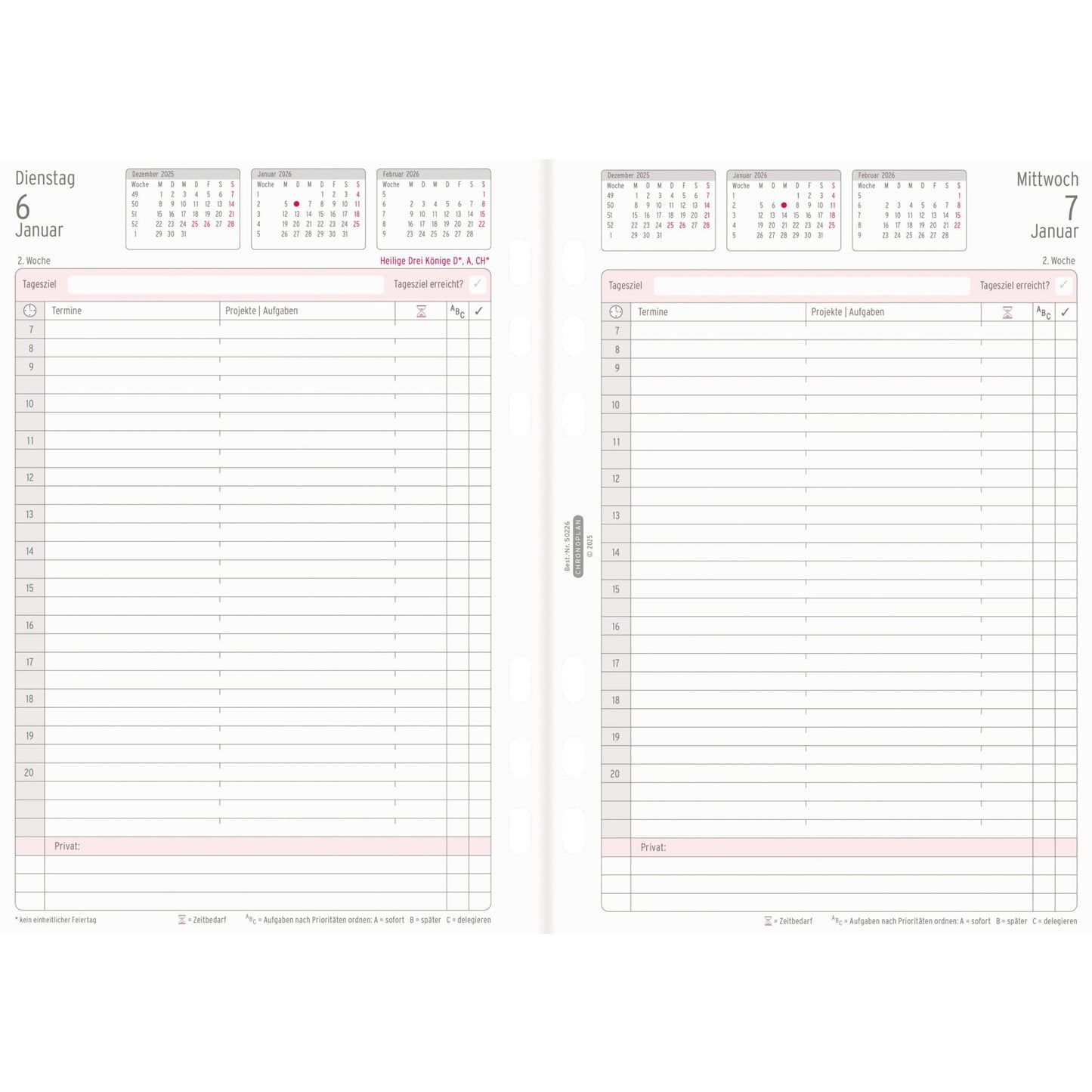 Chronoplan Einlage Kalender 2026 DIN A5 1 Tag/1 Seite Anordnung in Zeilen, Jahresplan, Ferienplan, Feiertage, Jahresübersicht Folgejahr