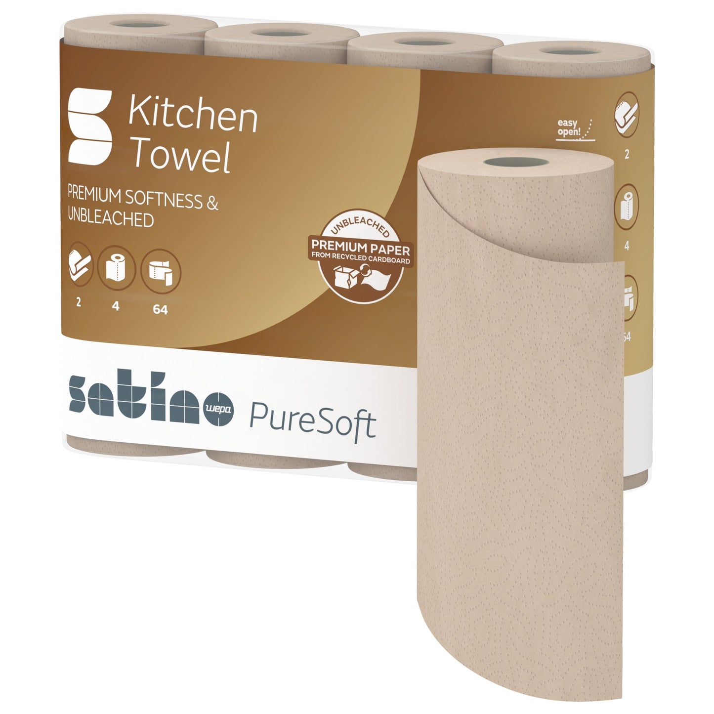Satino by WEPA Küchenrolle PureSoft 2-lagig Papier, 100 % recycelte Wellpappe softbeige 4 Rl./Pack.