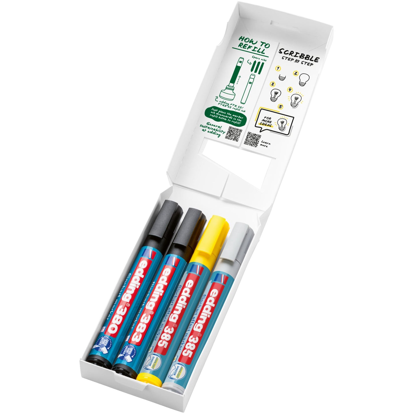 edding Schreibgeräteset Highlighting & Shading Set 2 x Flipchartmarker 385 effect gelb, silbergrau1-5 mm, je 1 x Flipchartmarker 380 schwarz 1,5-3 mm, Flipchartmarker 383 schwarz 1-5 mm farbig sortiert 4 St./Pack.