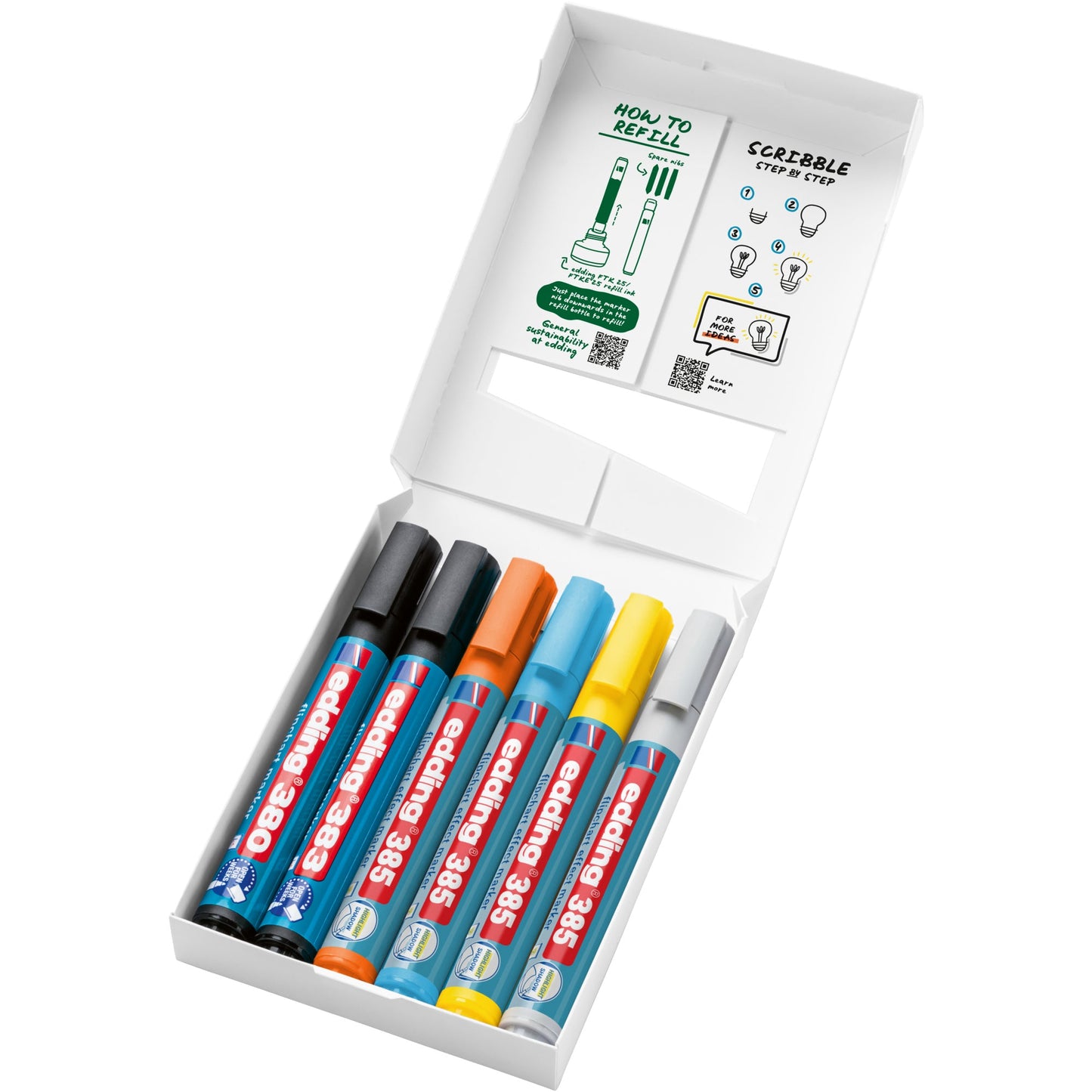 edding Schreibgeräteset Highlighting & Shading Set 4 x Flipchartmarker 385 effect orange, gelb, hellblau, silbergrau, schwarz 1-5 mm, je 1 x Flipchartmarker 380 schwarz 1,5-3 mm, Flipchartmarker 383 schwarz 1-5 mm farbig sortiert 6 St./Pack.