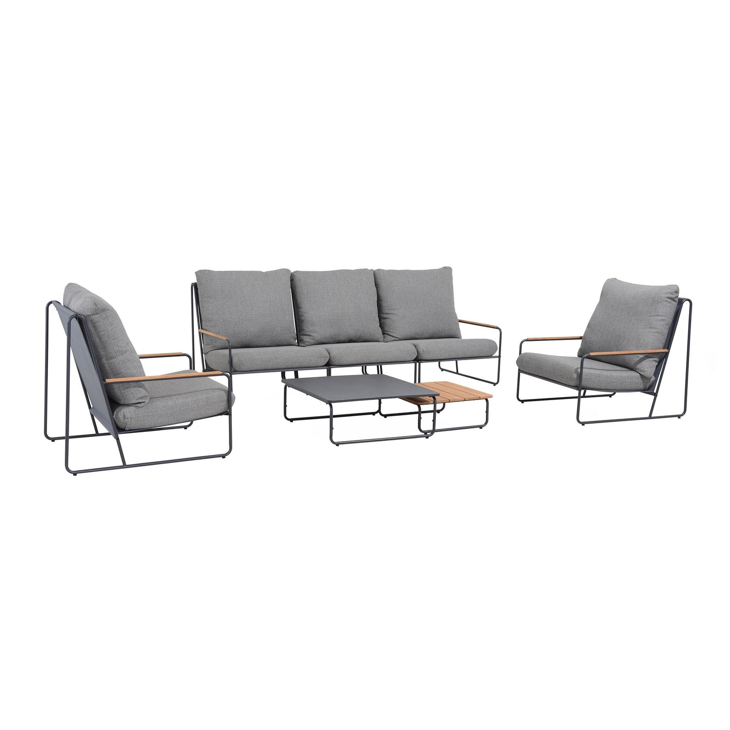 BEST Loungemöbel Portofino 1 x Bank, 1 x Sessel, 2 x Tisch Bank: 238 x 95 x 94, Sessel: 82 x 95 x 95, Tisch: 80 x 30 x 80, Tisch: 60 x 23 x 60 cm (B x H x T) großer Tisch: Stahl, kleiner Tisch Teakholz Textilene
