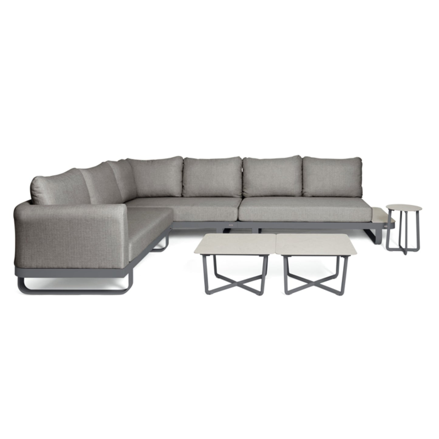 BEST Loungemöbel Fellow 1 x 2-Sitzer-Bank rechts, 1 x 2-Sitzer-Banklinks, 2 x quadratischer Tisch, 1 x runder Tisch 2-Sitzer-Bank rechts/links: 320 x 69 x 242, quadratischer Tisch: 60 x 34,5 x 60, runder Tisch: 35 x 44,5 x 35 cm (B x H x T) Keramik