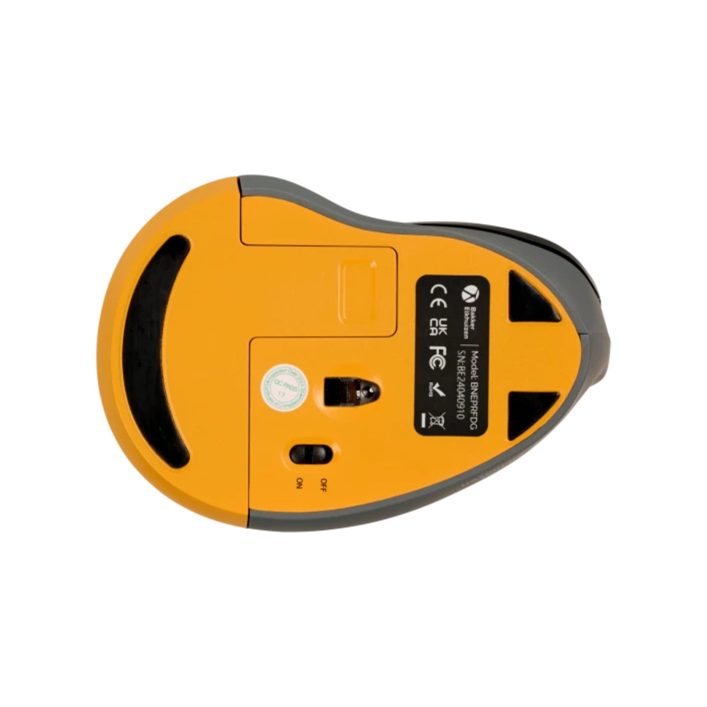 BakkerElkhuizen Optische PC Maus PRF Rechtshänder ergonomisch USB-A 20m Batterie inkl. Dongle, USB-A/USB-C-Adapter schwarz/dunkelgrau/gelb