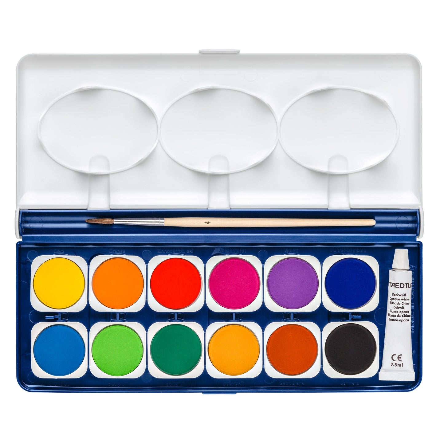 STAEDTLER® Farbkasten Noris® 12 Farben gelb, ockergelb, zinnoberrot, magenta, ultramarinblau, cyan, orange, blaugrün, gelbgrün, violett, siena gebrannt, schwarz Kunststoff