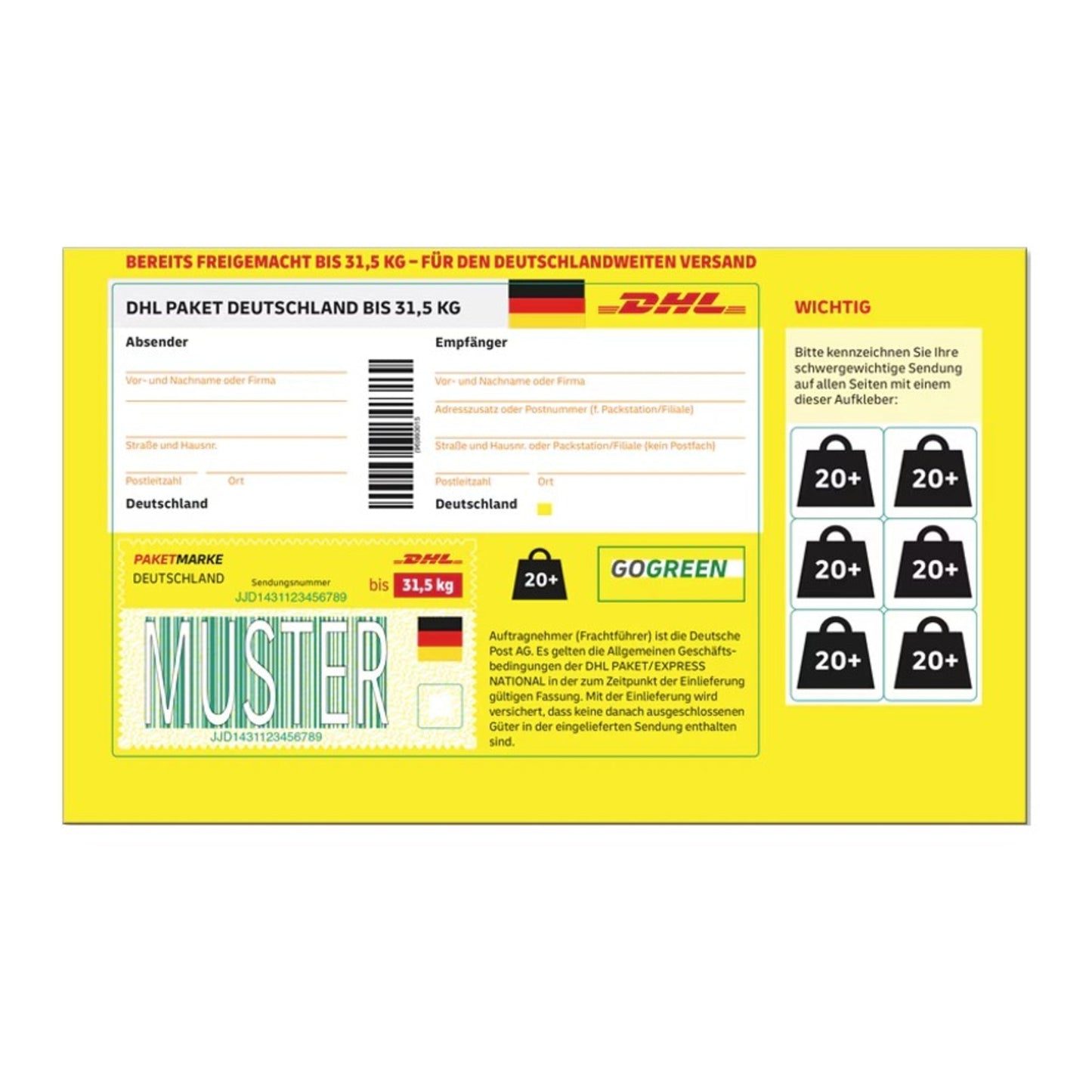 Paketmarke Deutschland max. Größe 120 x 60 x 60 cm (B x H x T), bis 31,5 kg