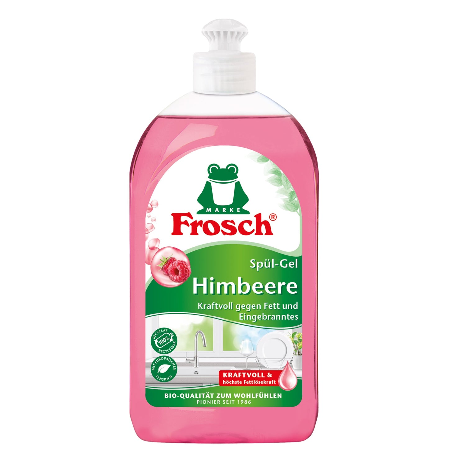 Frosch Geschirrspülmittel Himbeere biologisch abbaubar frei von Mikroplastik pH-Wert: 5,2 Kunststoff, 100 % recycelt recycelbar 0,5l