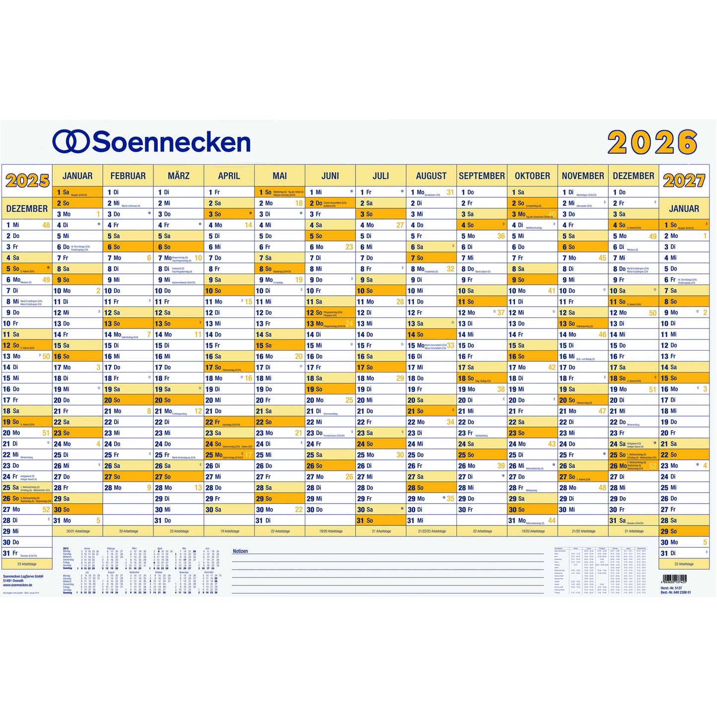 Soennecken Plakatkalender 2026 100 x 70 cm (B x H) 14 Monate/1 Seite Karton, folienkaschiert