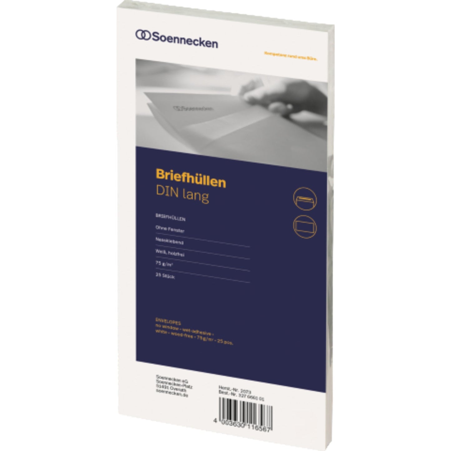 Soennecken Briefumschlag DIN lang 220 x 110 mm (B x H) mit gummierter Klappe ohne Fenster 75g/m² weiß 25 St./Pack.