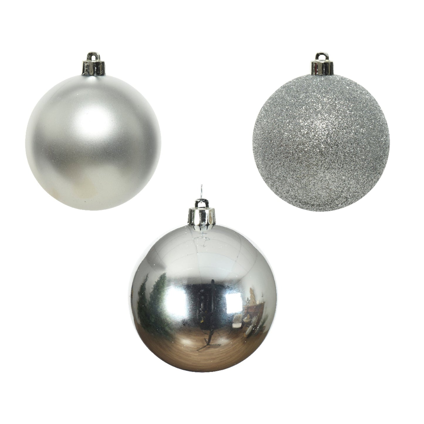 Christbaumschmuck Mix Kugel 3 x Weihnachtskugel matt, 3 x Weihnachtskugel glänzend, 4 x Weihnachtskugel glitzer Material: Polystyrol Farbe: silber 10 St./Pack.