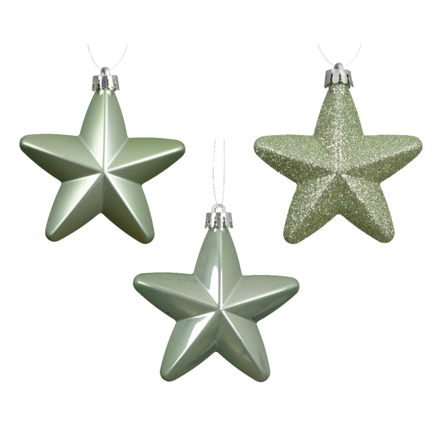 Christbaumschmuck Mix Stern 2 x Weihnachtskugel matt, 2 x Weihnachtskugel glänzend, 2 x Weihnachtskugel glitzer Maße: 7,5 x 7,5 x 2 cm (B x H x T) Material: Polystyrol Farbe: matcha green 6 St./Pack.