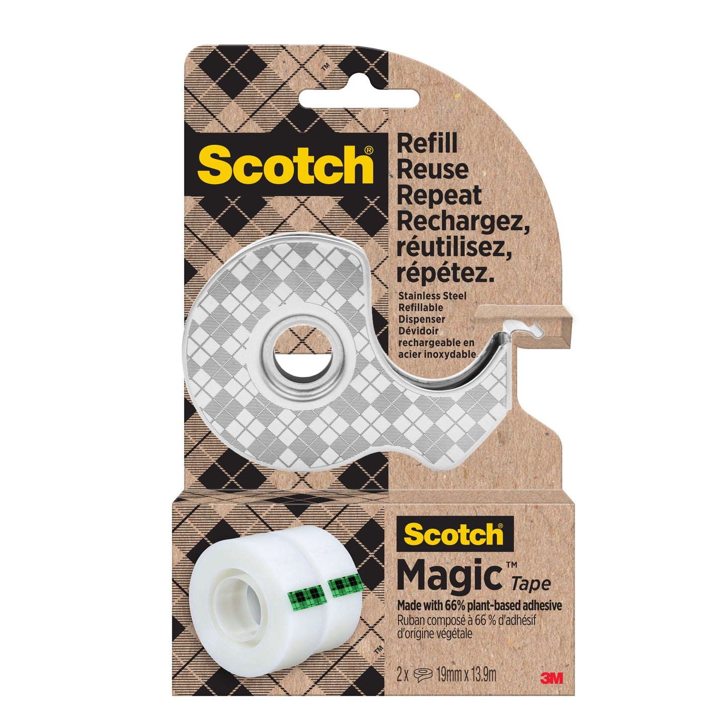 Scotch® Handabroller MagicT 10 x 6,7 x 2,5 cm (B x H x T) nachfüllbar inkl. 2 Rollen MagicT Hergestellt aus pflanzlichen Materialien, 19 mm x 13,9 m (B x L) mit Lösungsmittel silber