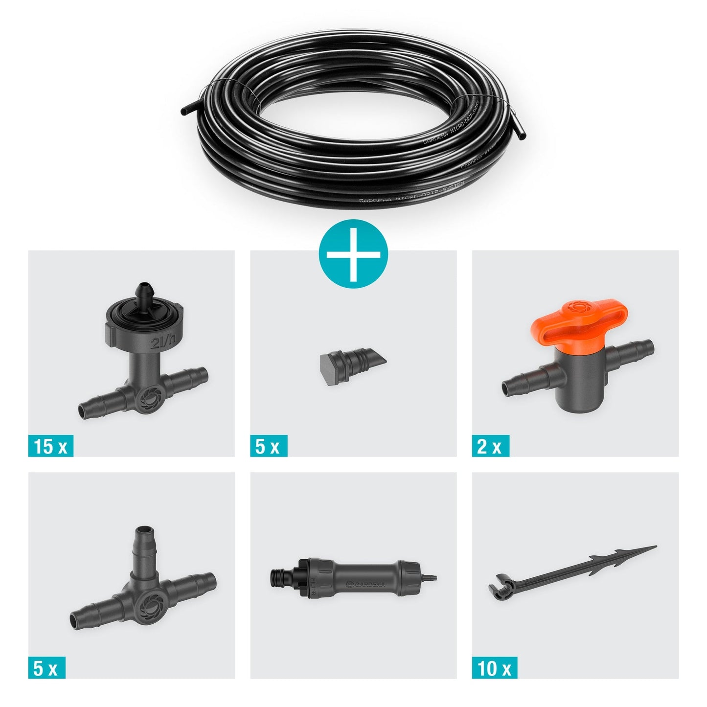 GARDENA Bewässerungssystem Balkon 2l/h 39 Teile optionales Zubehör: Gardena Wasserschlauch (18411-20, 04647-20, 18450-20, 18445-20, 18457-20, 18490-20), Bewässerungssteuerung (01891-20)