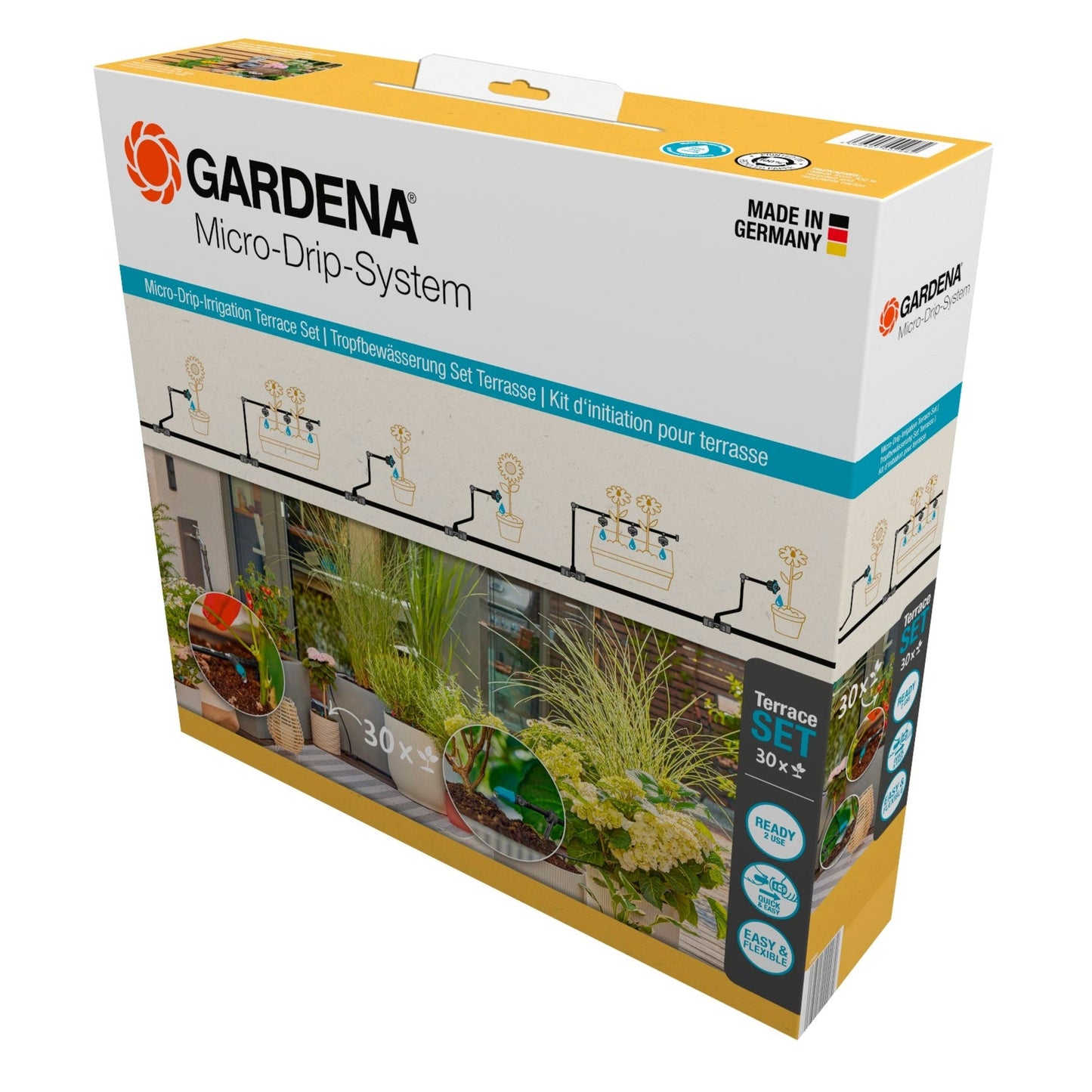 GARDENA Bewässerungssystem Terasse 1,5bar 0-15l/h 84 Teile optionales Zubehör: Gardena Wasserschlauch (18411-20, 04647-20, 18450-20, 18445-20, 18457-20, 18490-20), Bewässerungssteuerung (01891-20)