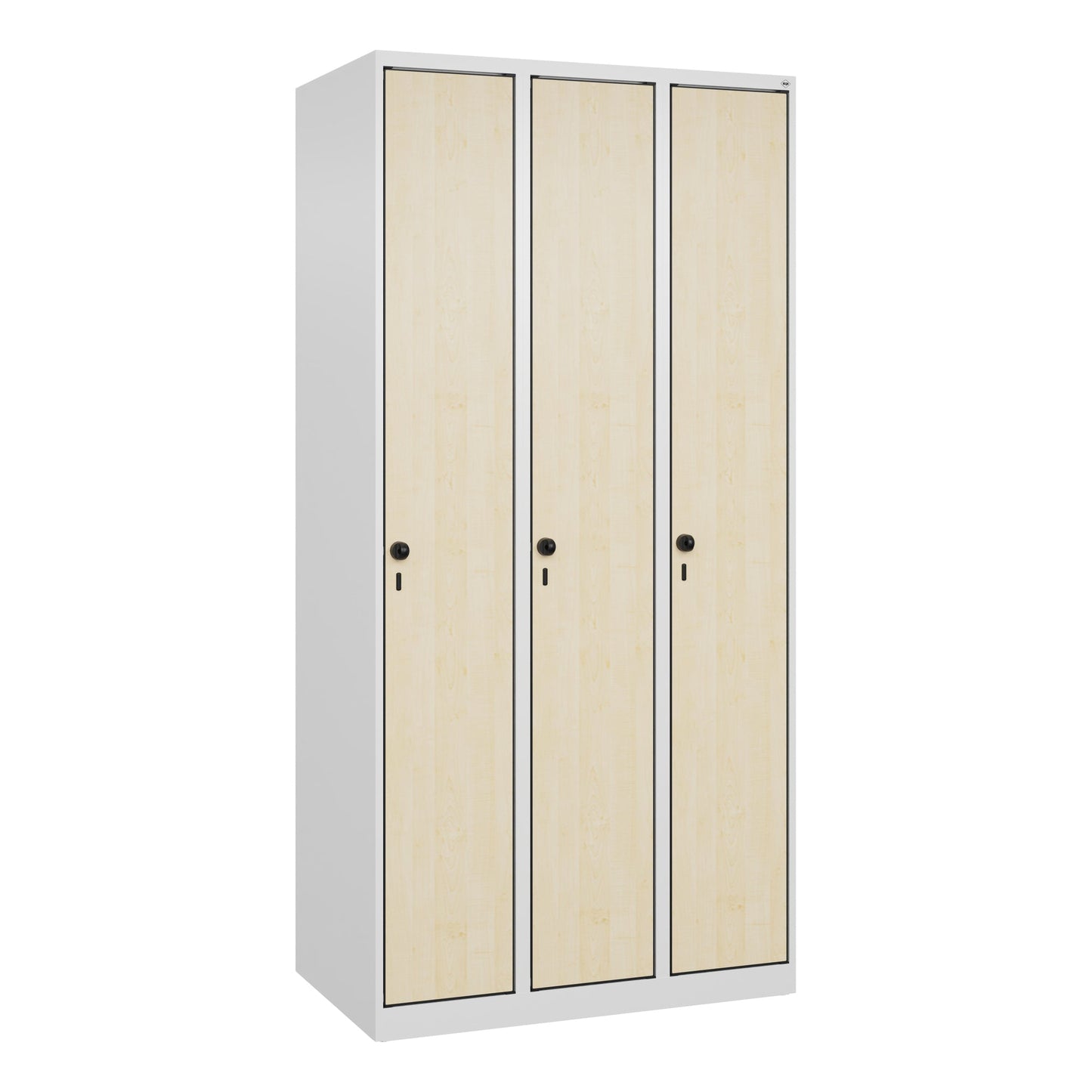 C+P Kleiderspind Evolo PLUS 900 x 1.800 x 500 mm (B x H x T) 3 Abteile Stahl, lackiert Farbe der Front: ahorn Farbe des Korpus: verkehrsweiß