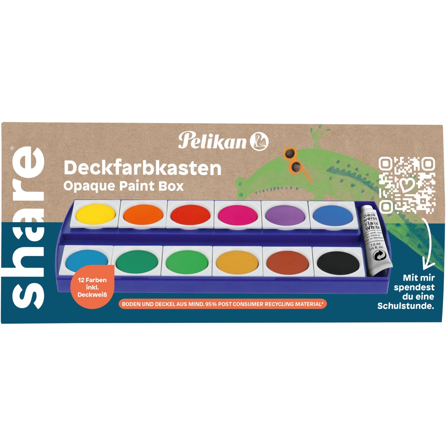 share Farbkasten made by Pelikan 12 Farben gelb, orange, karmesin, magenta, violett, blau, türkis, grün, gelbgrün, ocker, braun, schwarz Kunstoff, 95 % recycelt