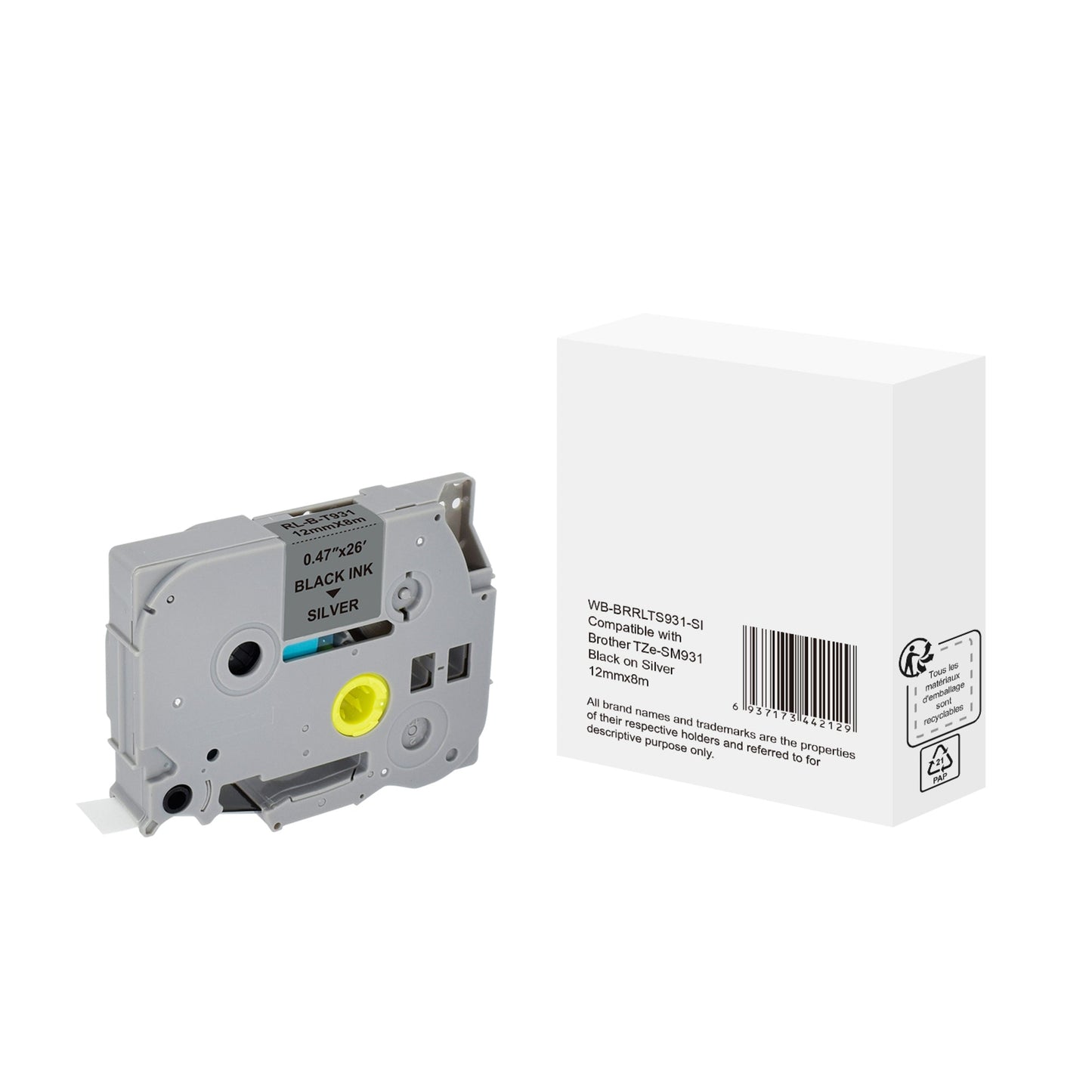 Schriftbandkassette Brother TZe-SM931 12 mm x 8 m (B x L) mattsilber schwarz