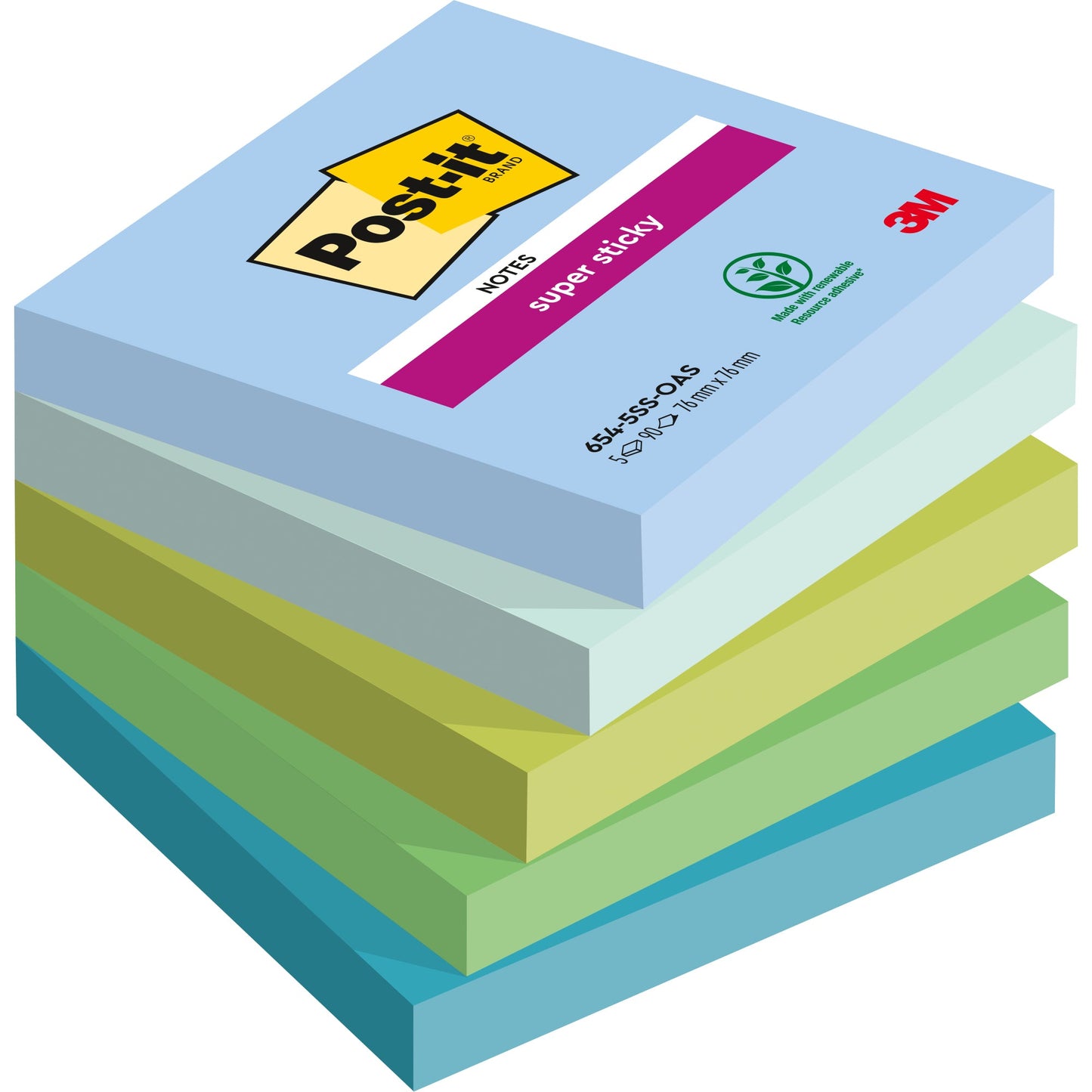 Post-it® Haftnotiz Super Sticky Notes Oasis Collection 76 x 76 mm (B x H) denimblau, mint, limonengrün, immergrün, seeglasgrün 90 Bl./Block 5 Block/Pack.