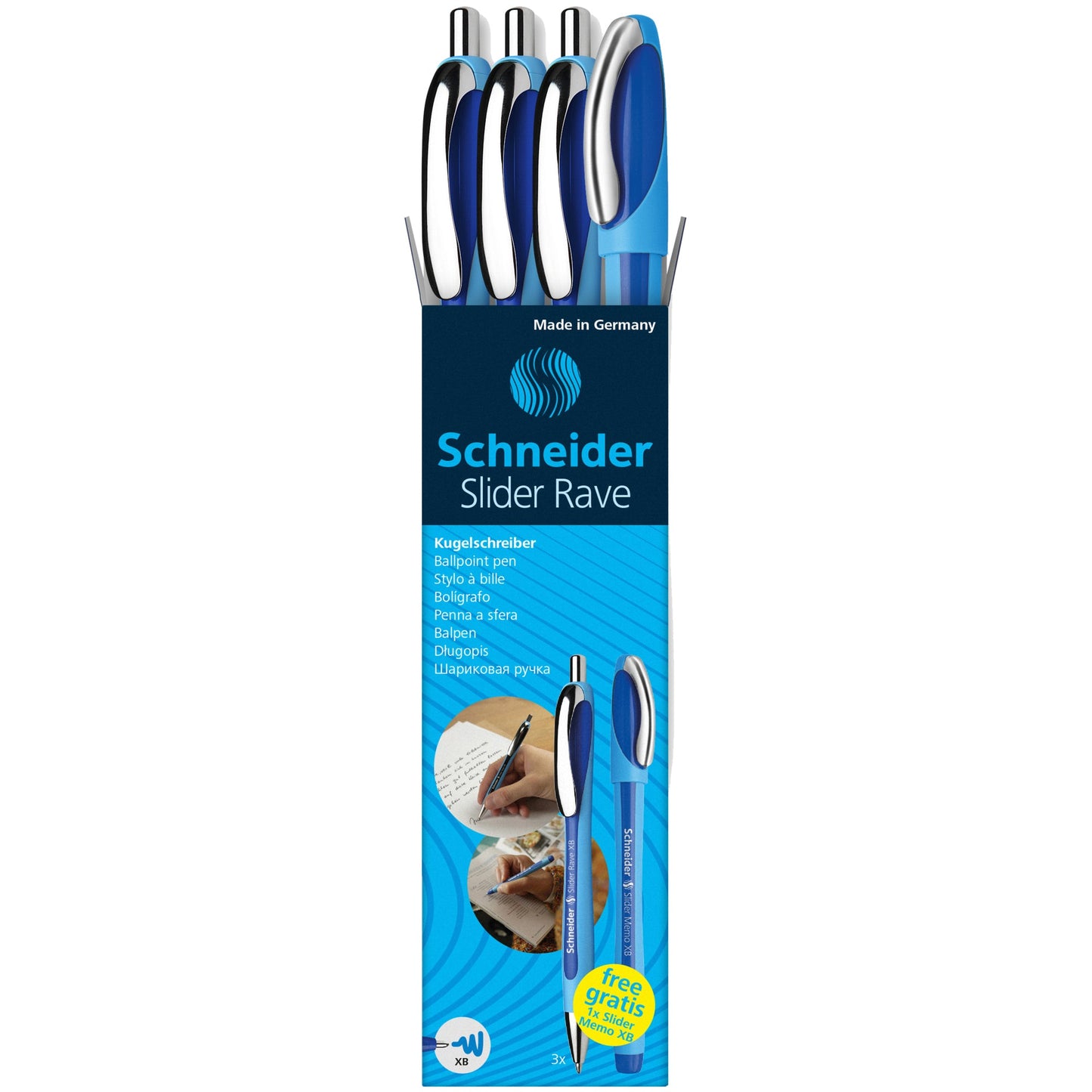 Schneider Kugelschreiber Slider Rave 3 x Schneider Kugelschreiber Slider Rave, 1 x Schneider Kugelschreiber Slider Memo 0,7mm XB blau Mine auswechselbar dokumentenecht Schaftfarbe: cyan/blau