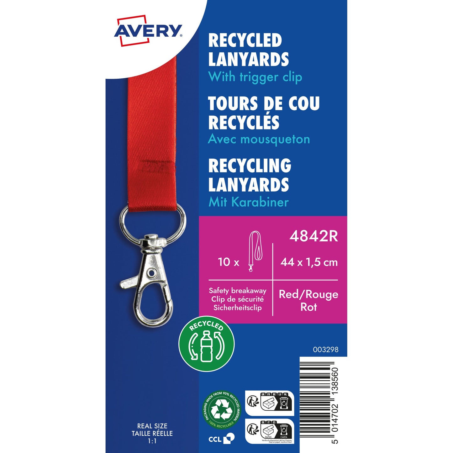 Avery Zweckform Textilband Recycling Namensschild-, Ausweishalter mit Clip-Ausstanzung 1,5 x 44 cm (B x L) Sicherheitsverschluss Karabinerhaken rot 10 St./Pack.