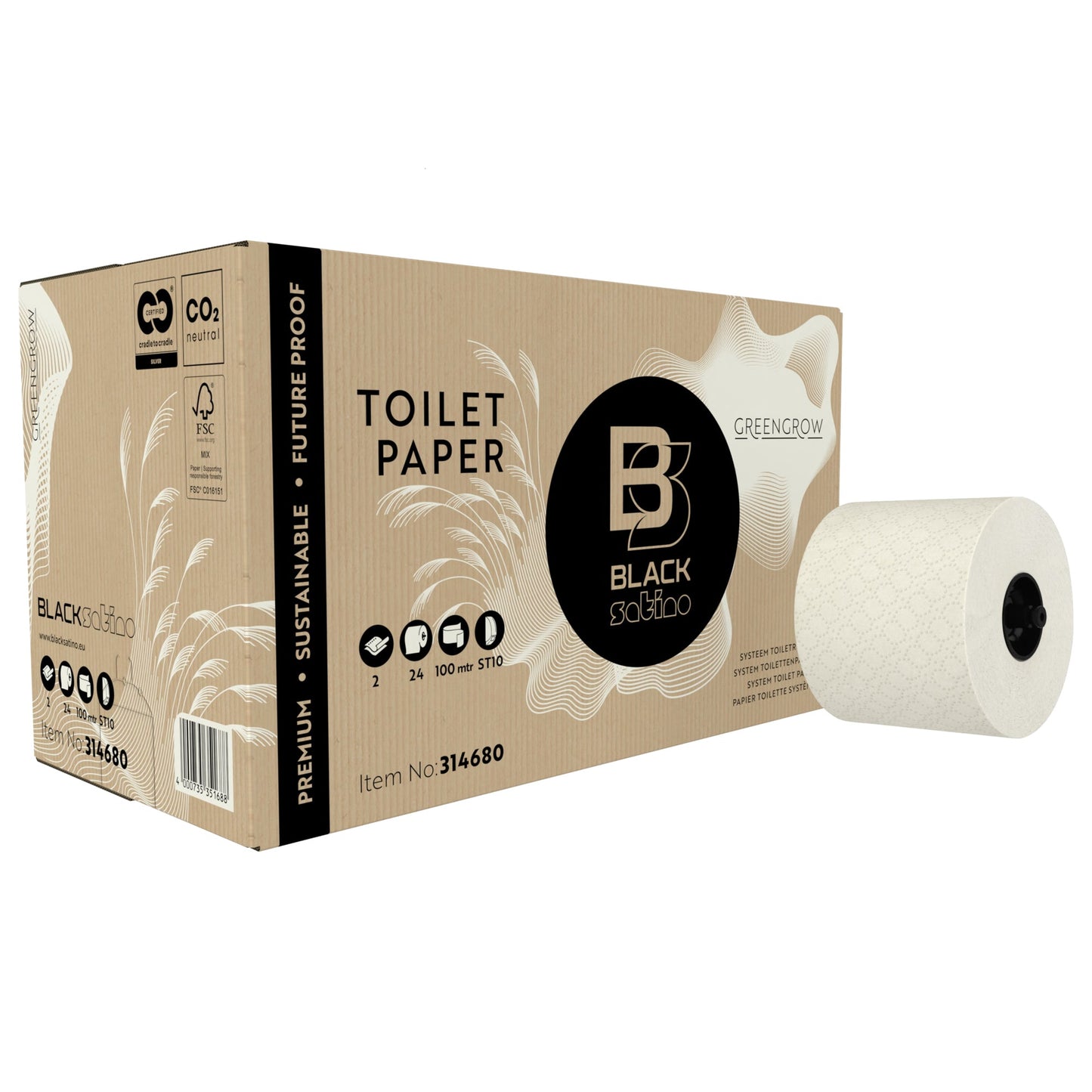 BlackSatino Toilettenpapier GreenGrow 2-lagig hellbeige 712 Bl./Rl. 24 Rl./Pack.