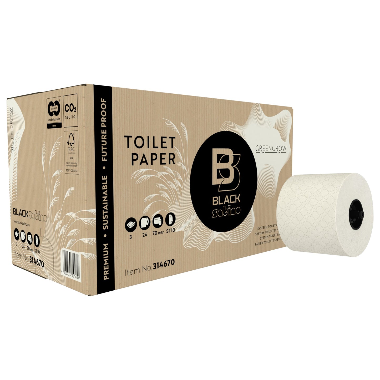 BlackSatino Toilettenpapier GreenGrow 3-lagig hellbeige 507 Bl./Rl. 24 Rl./Pack.