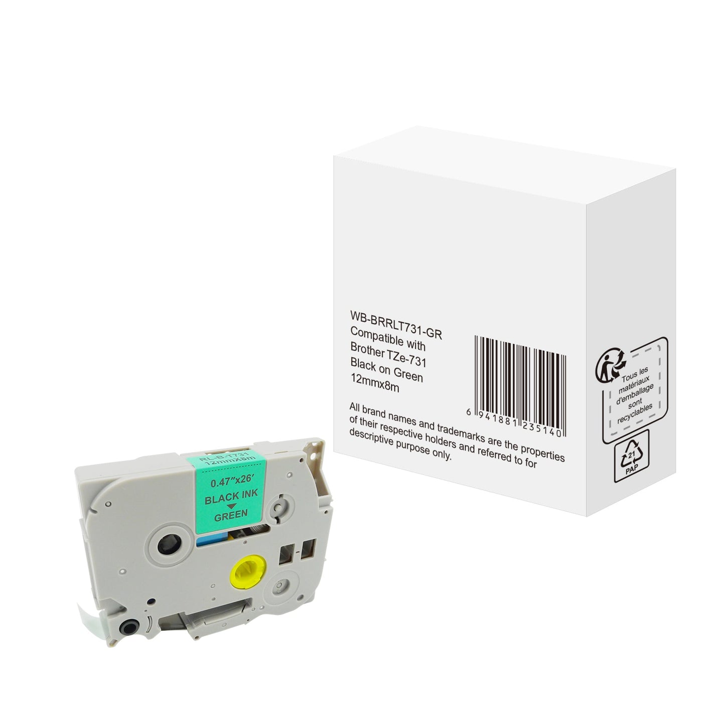 Schriftbandkassette Brother TZe-731 12 mm x 8 m (B x L) grün schwarz