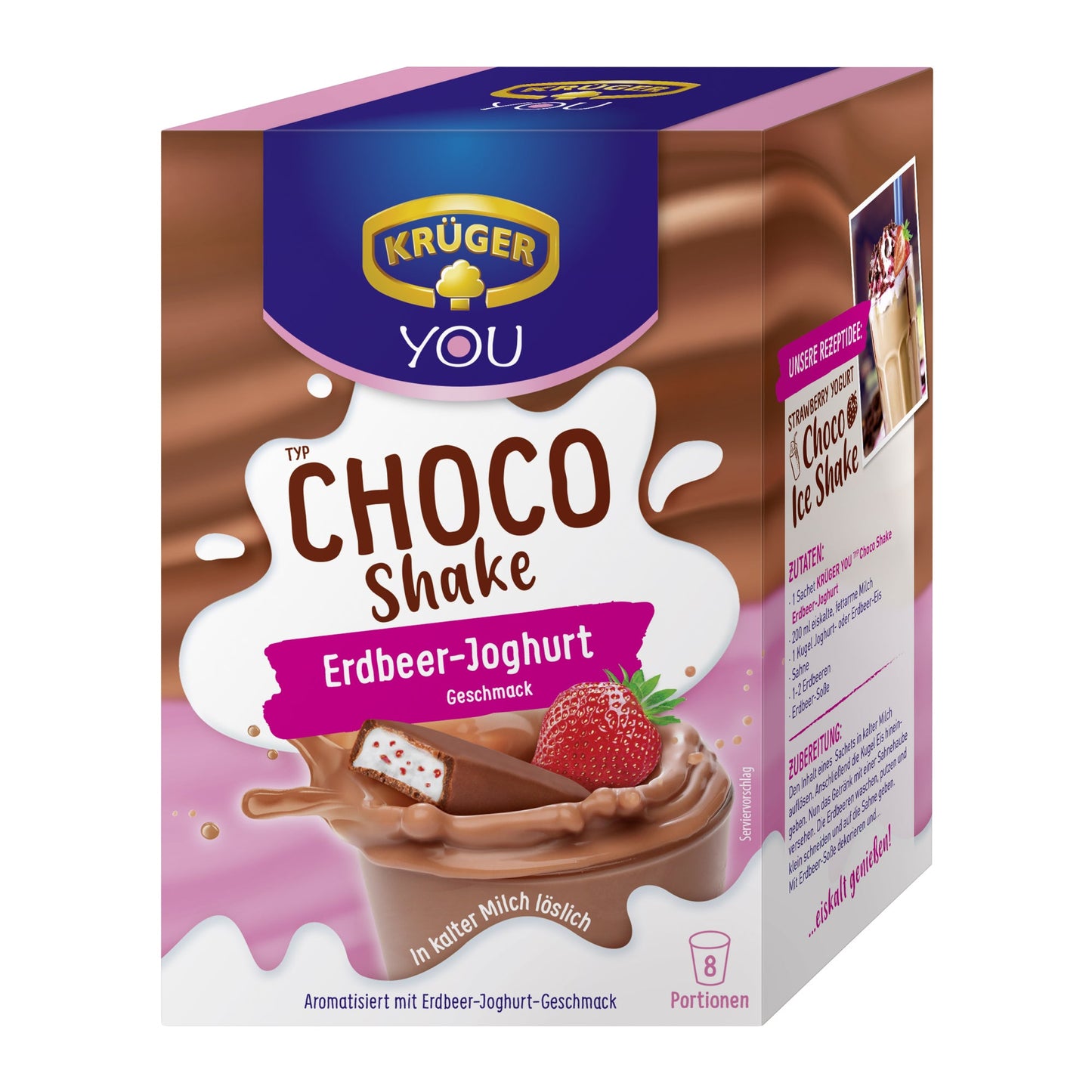 KRÜGER YOU Trinkschokolade Choco Shake Erdbeere-Joghurt 8 x 18 g/Pack.