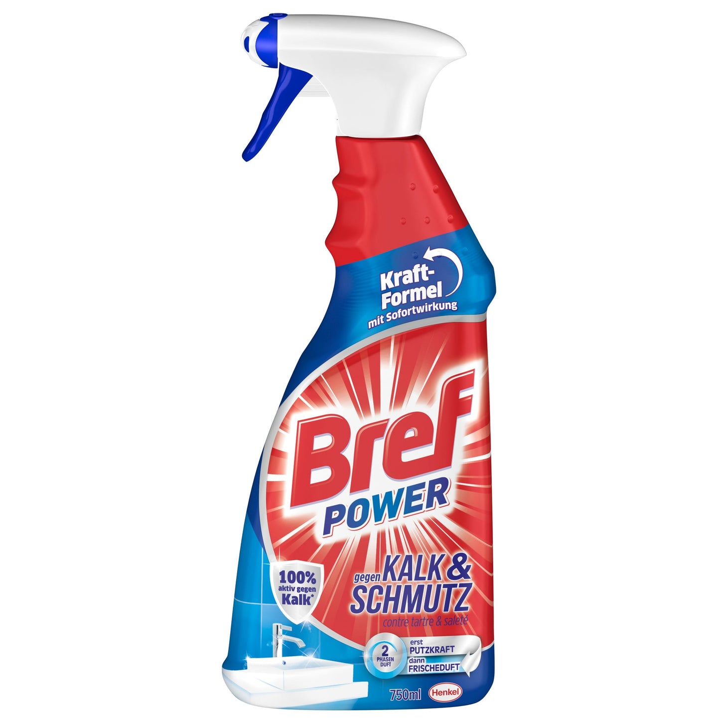 Bref Power Badreiniger Kalk & Schmutz Zitrus nicht dermatologisch getestet nicht biologisch abbaubar pH-Wert: 2,05-2,35 Pumpsprayflasche Kunststoff recycelbar 0,75l