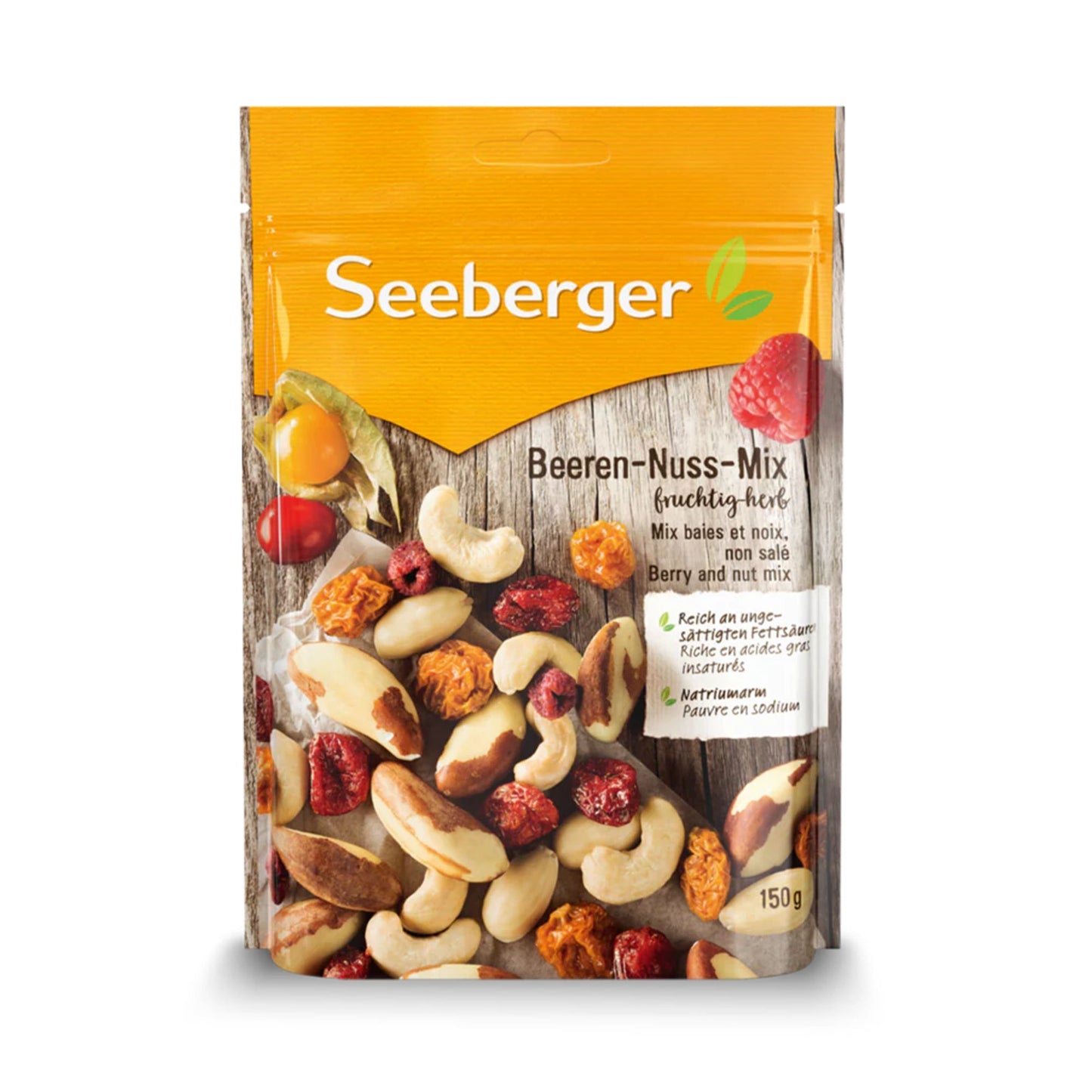 SEEBERGER Nussmischung Beeren-Nuss Paranüsse, Cashewkerne, Mandeln, Physalis, Cranberries, Himbeeren 150 g/Pack.