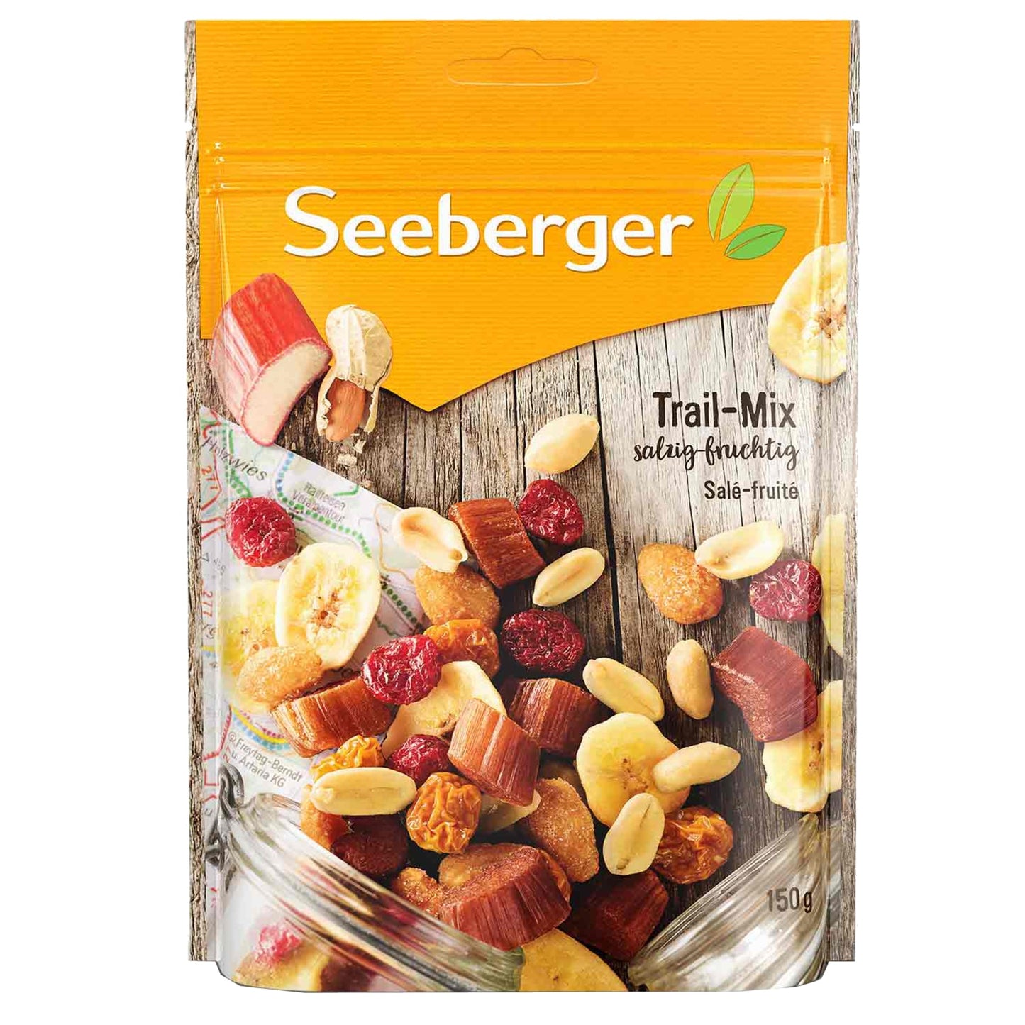 SEEBERGER Nussmischung Trail-Mix Erdnüsse, Rhabarber (getrocknet), Bananenchips, Mandeln (blanchiert), Physalis (getrocknet), Cranberries (getrocknet) 150 g/Pack.