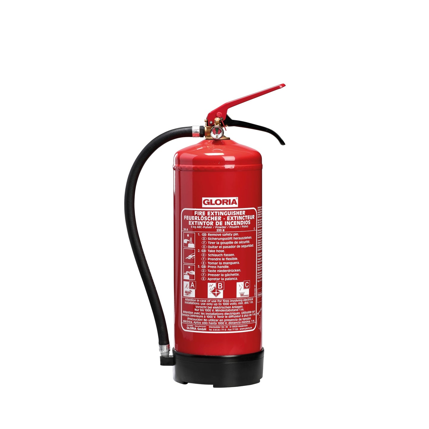 GLORIA Handfeuerlöscher PD 6 GA 34A, 233B, C 6kg 27 x 50 x 16,5 cm (B x H x T)