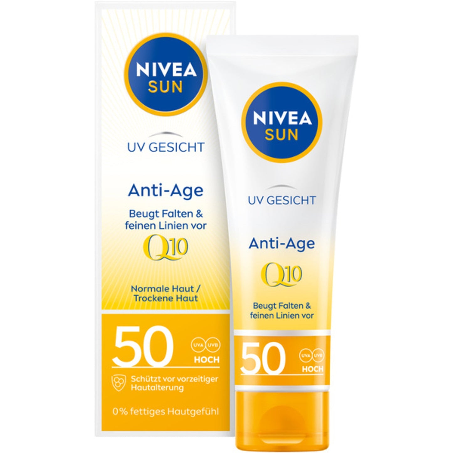 NIVEA SUN Sonnenschutzmittel UV Gesicht Q10 Anti-Age 50 nicht wasserfest parfümiert Kunststoff, 50 % recycelt 0,05l