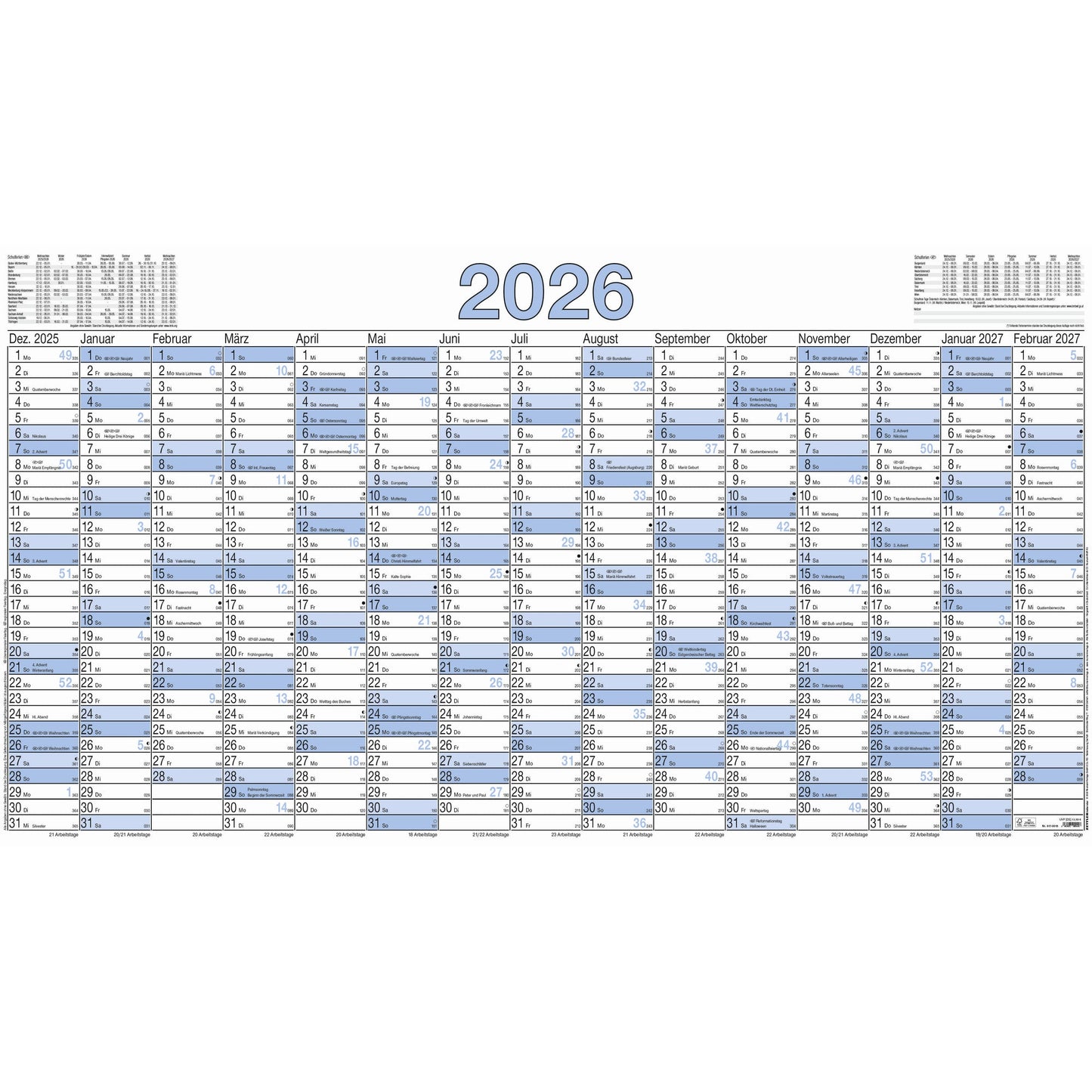 ZETTLER Plakatkalender 2026 140 x 77 cm (B x H) 15 Monate/1 Seite Karton 5 St./Pack.