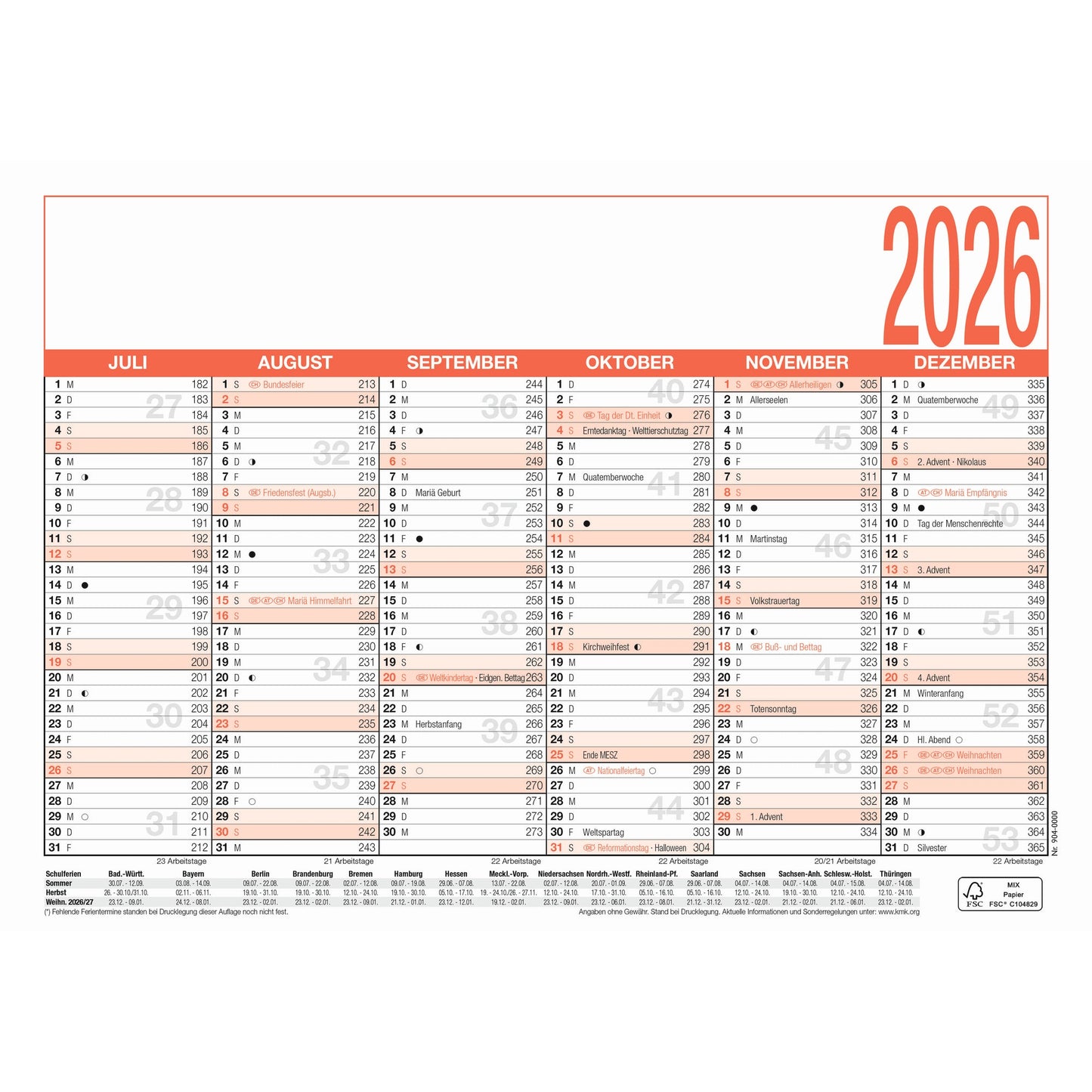 ZETTLER Tafelkalender 904 2026 6 Monate/1 Seite DIN A5 Ferientermine, Mondphasen Karton