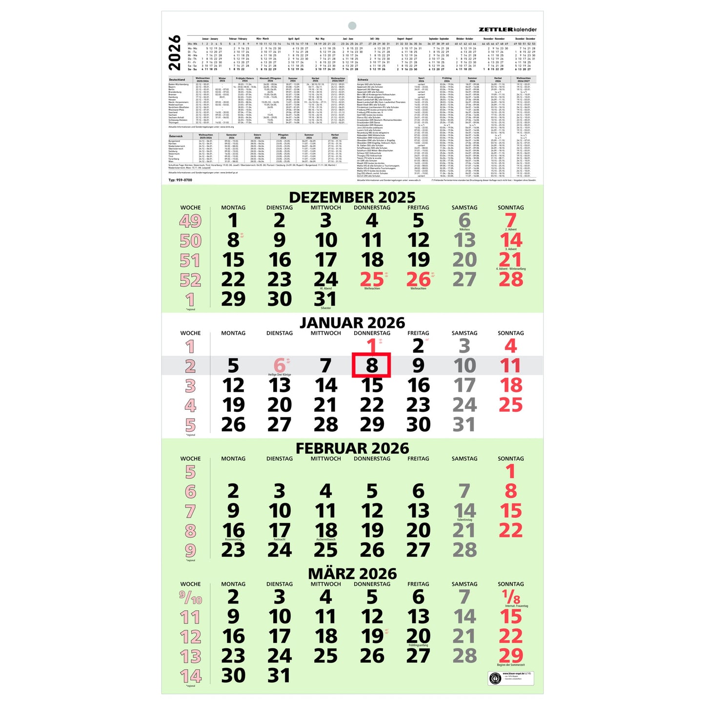 ZETTLER Wandkalender 33 x 58,5 cm (B x H) 2026 schwarz/rot/grün
