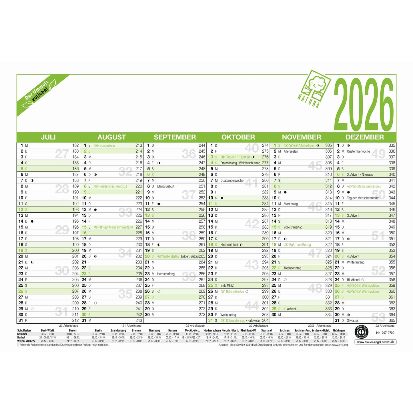 ZETTLER Tafelkalender Natura 2026 6 Monate/1 Seite 29,7 x 21 cm (B x H) Karton, 100 % recycelt