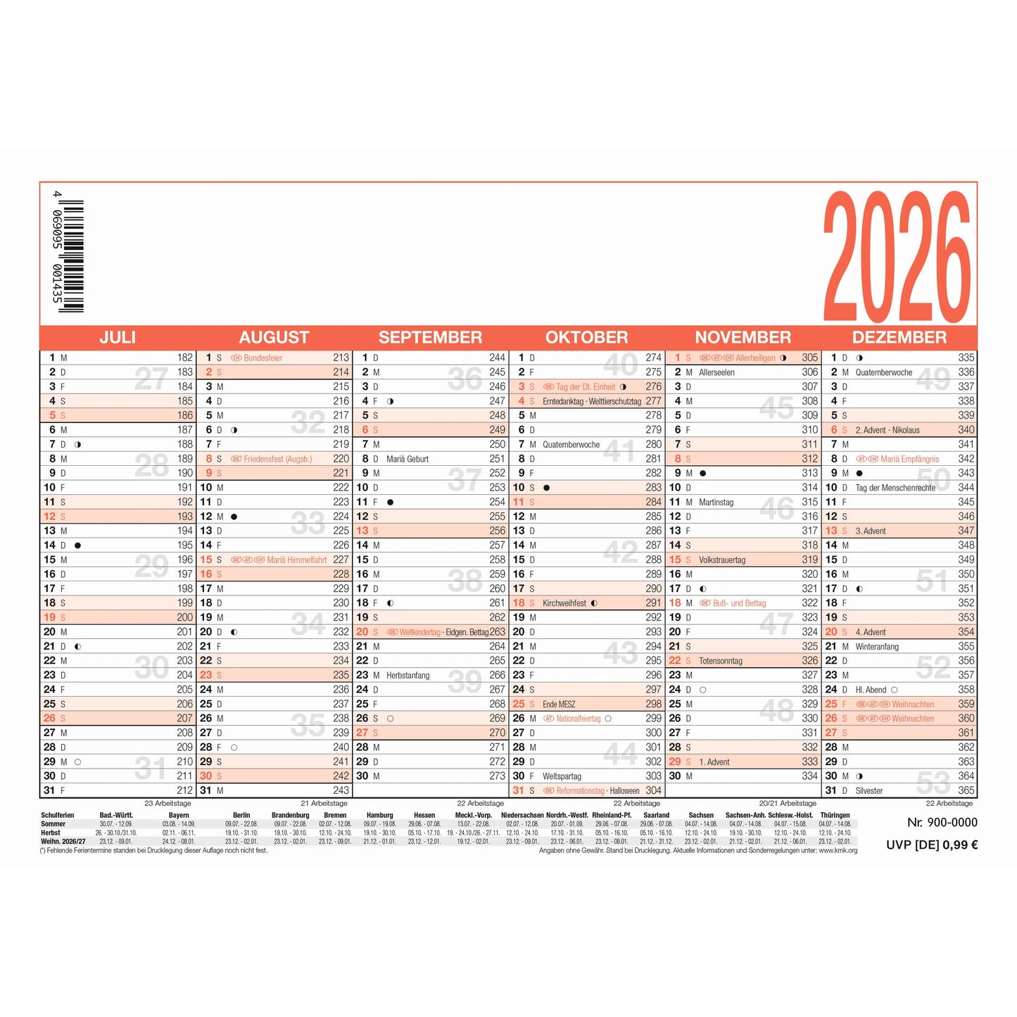 ZETTLER Tafelkalender 900 2026 6 Monate/1 Seite DIN A6 Mondphasen, Ferientermine Karton