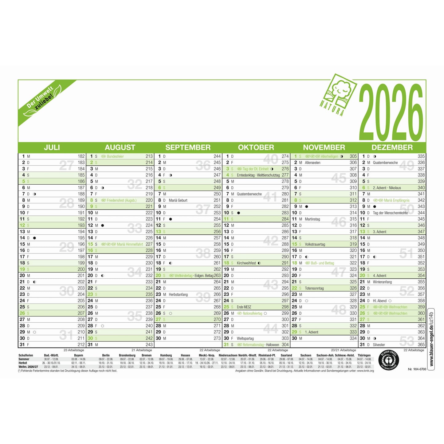 ZETTLER Tafelkalender 904 2026 6 Monate/1 Seite DIN A5 Karton, 100 % recycelt
