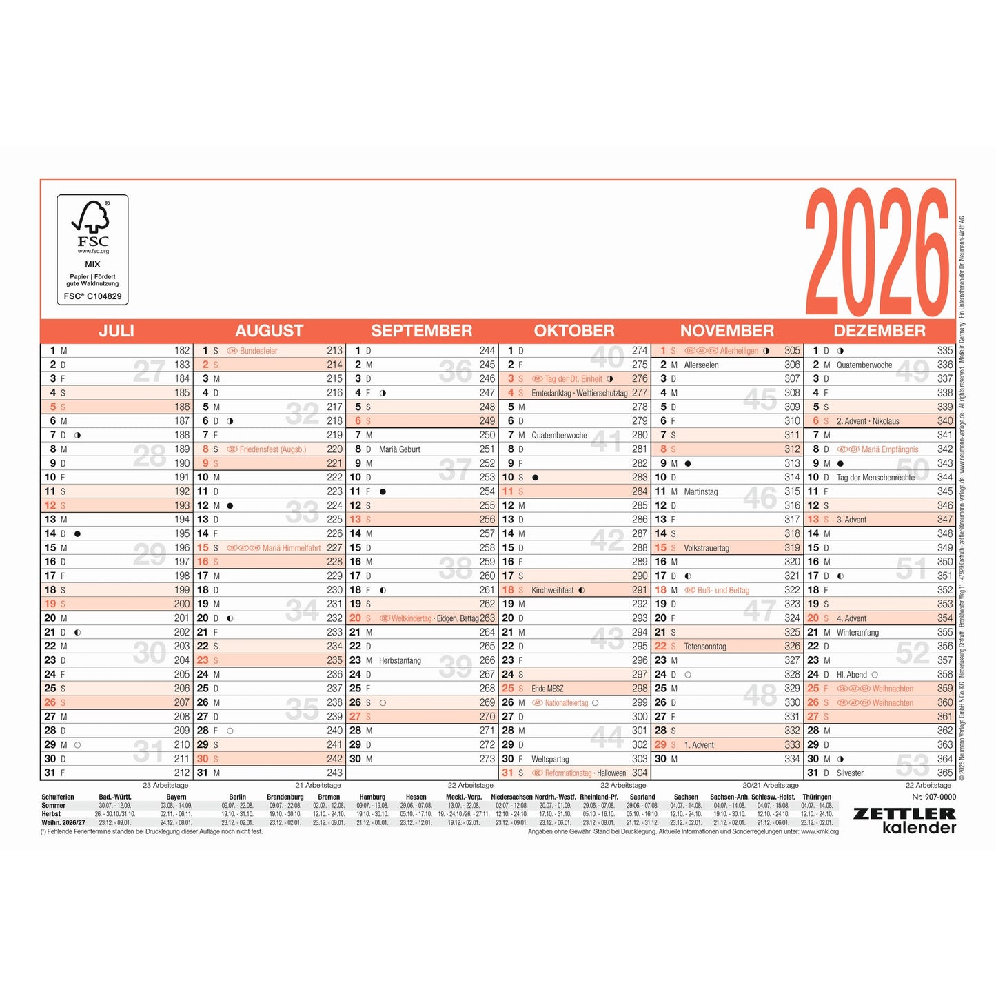 ZETTLER Tafelkalender 907 2026 6 Monate/1 Seite DIN A4 29,7 x 21 cm (B x H) Ferientermine Karton